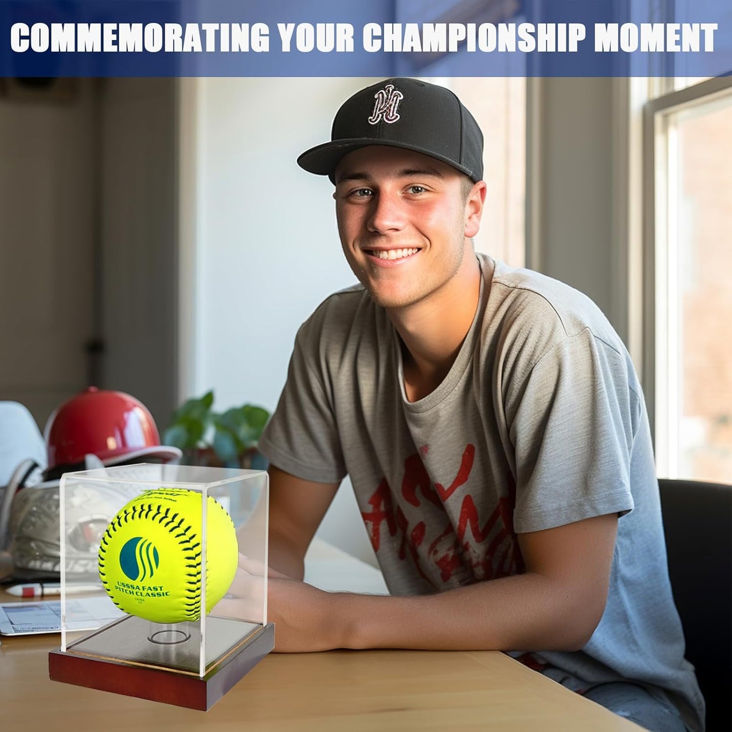 Softball Display Case,Clear Acrylic Ball Display Holder for 12 inch Softball,UV Protected Cube with Wood Base Stand for Tennis Ball Baseball Golf Ball,Championship Sport Collection Box Showcase