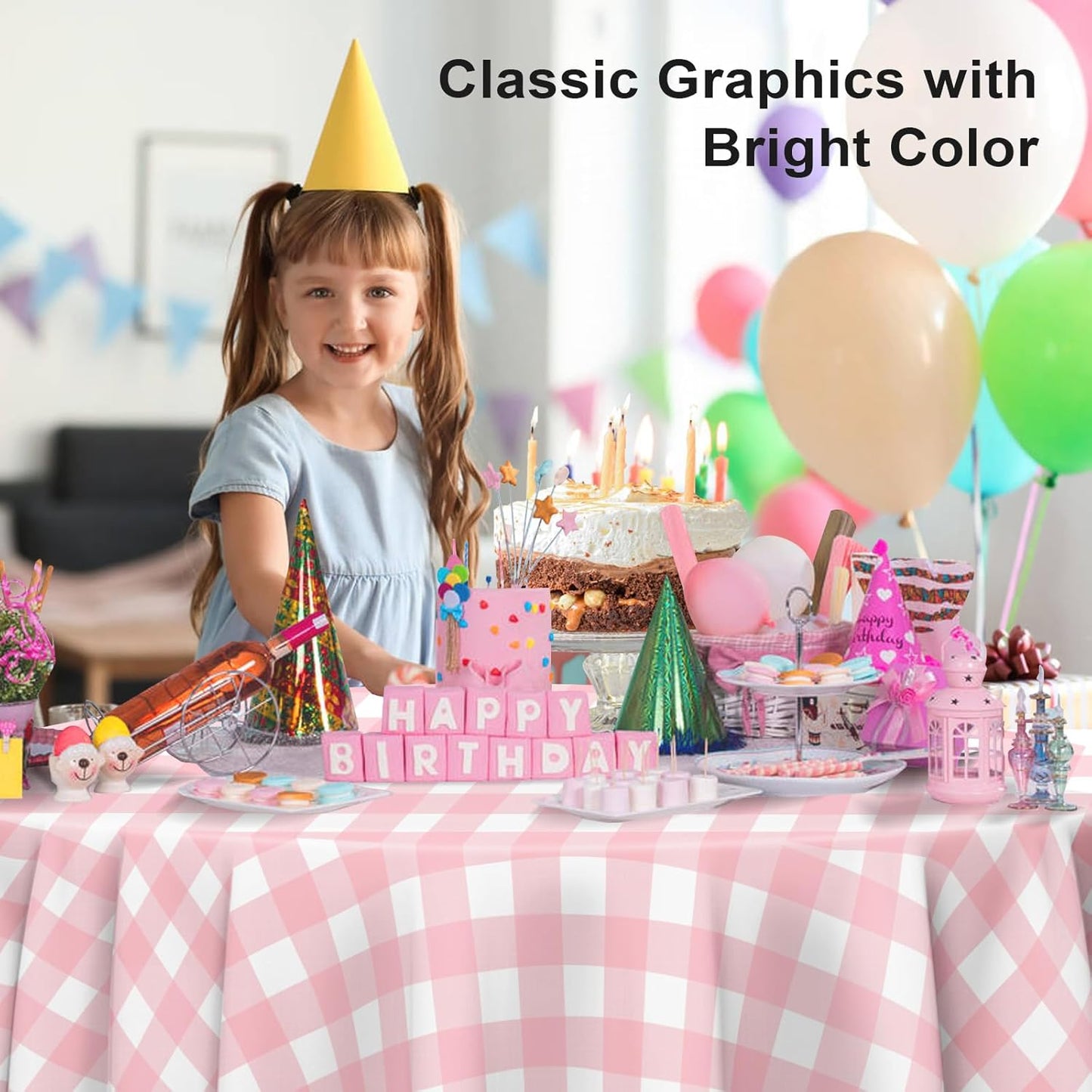 6 Pack Pink and White Checkered Tablecloth, Round Pink Gingham Plastic Table Cloths for Parties Disposable, 84x84 in Waterproof Camping Tablecloth for Birthday Party Baby Shower Picnic School