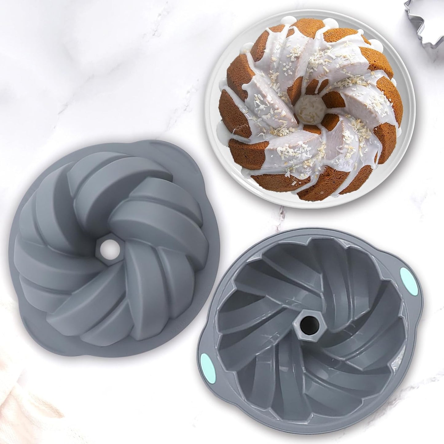Tongjude 4 Pieces Silicone Fluted Cake Pans, 9/10/12 Cups Tube Baking Pan, Silicone Molds for Homemade Cake, Bread and Jello, Non-Stick, Grey