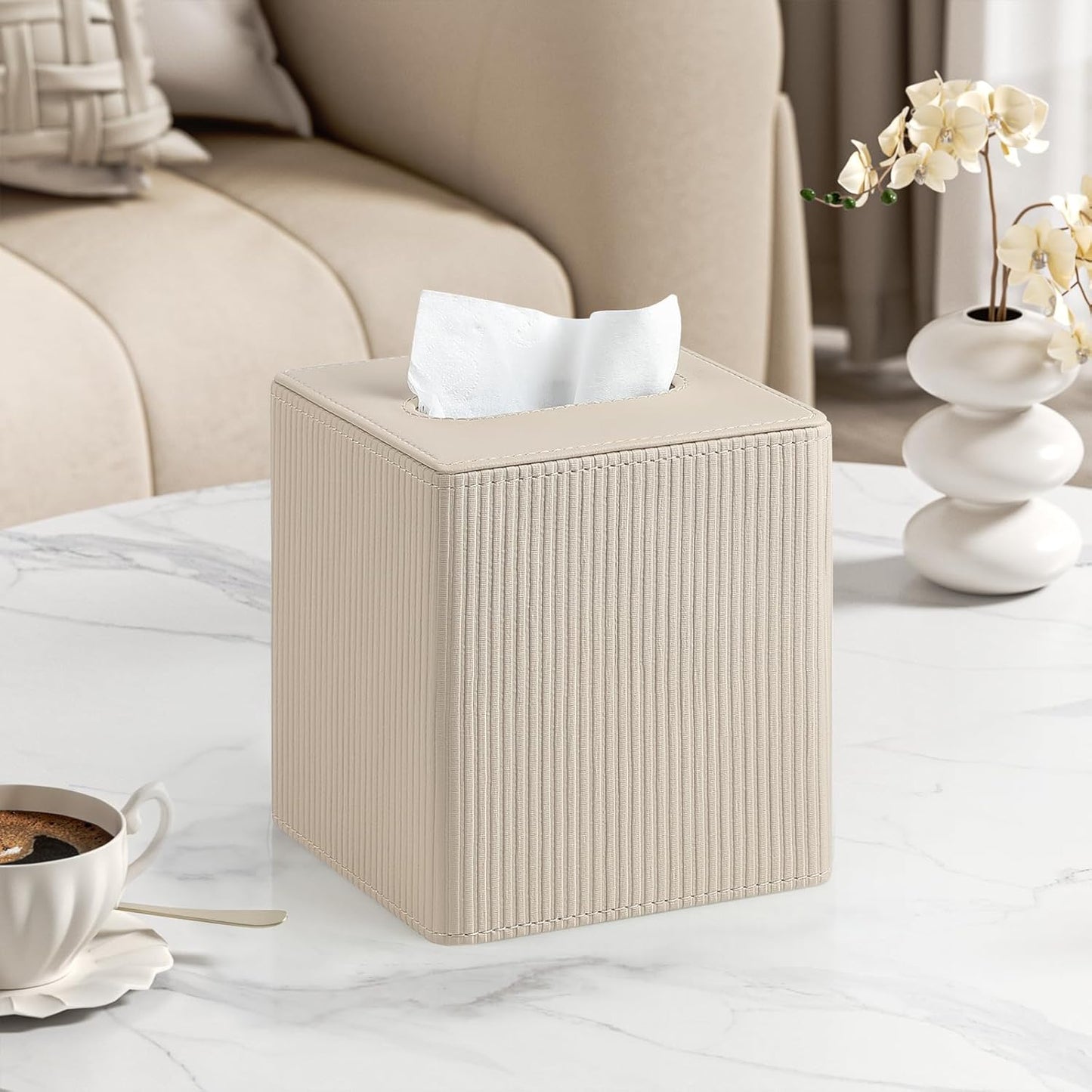 PU Leather Tissue Box Cover Square with Magnetic Closure, Modern Tissue Box Holder for Bathroom Bedroom Office Desk, Decorative Square Tissue Holder (Beige)