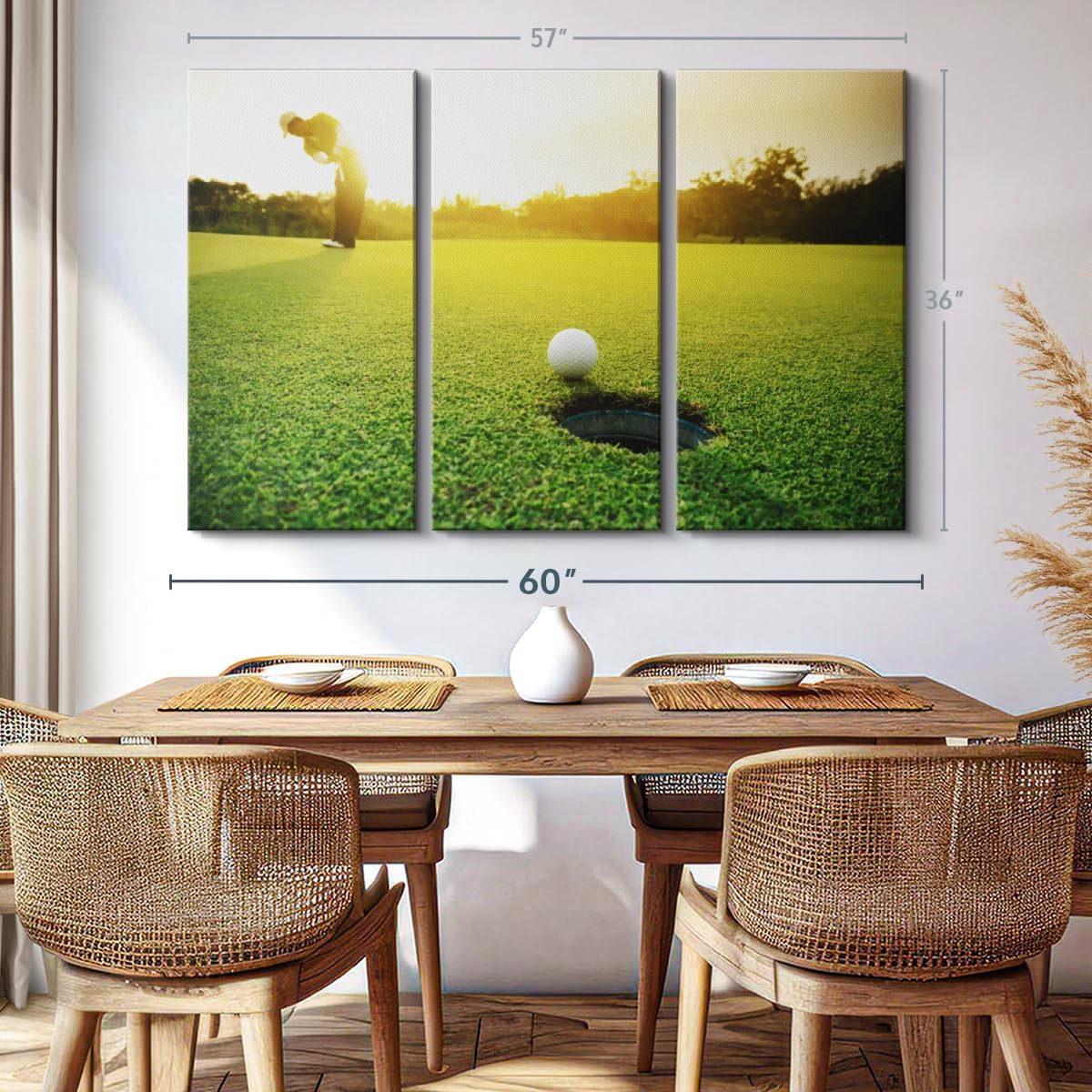 ElephantStock Golf Ball Strike Wall Art - Horizontal Canvas - 3-Piece Living Room Wall Decor - Photography Sports Canvas Print - Green and White Decor for Wall - 57" X 36"