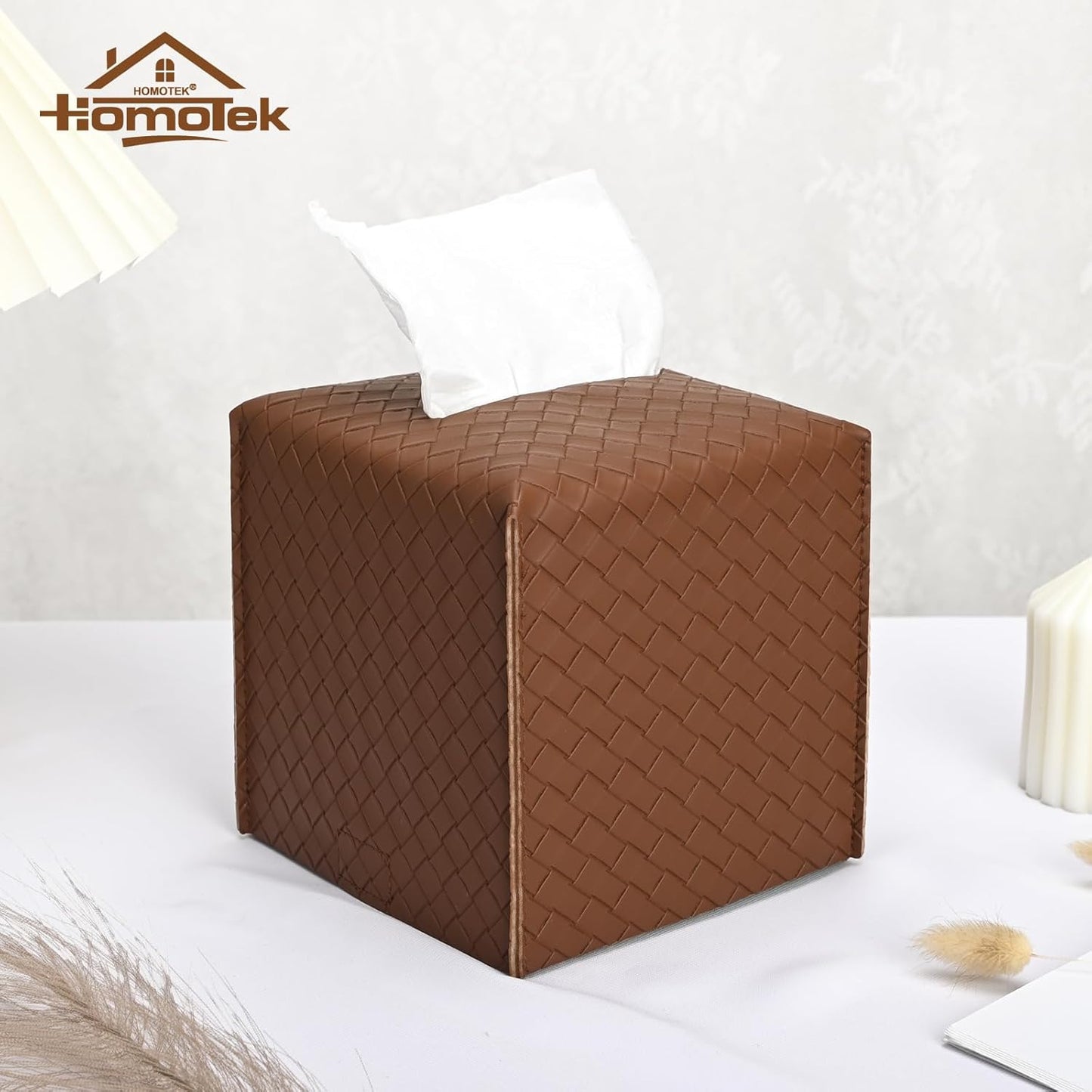HOMOTEK 2 Pack Tissue Box Cover, Square PU Leather Tissue Holder, Decorative Facial Tissue Cube Paper Organizer Dispenser for Bathroom, Night Stands, Desk, Car 5X5X5'' - Woven Waffle,Chocolate