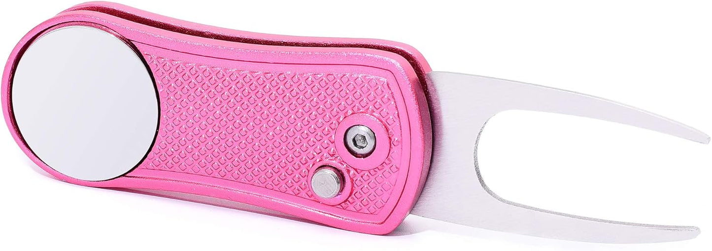 Mile High Life Golf Divot Repair Tool, All Metal Foldable Divot Tool with Pop-up Button & Magnetic Ball Marker