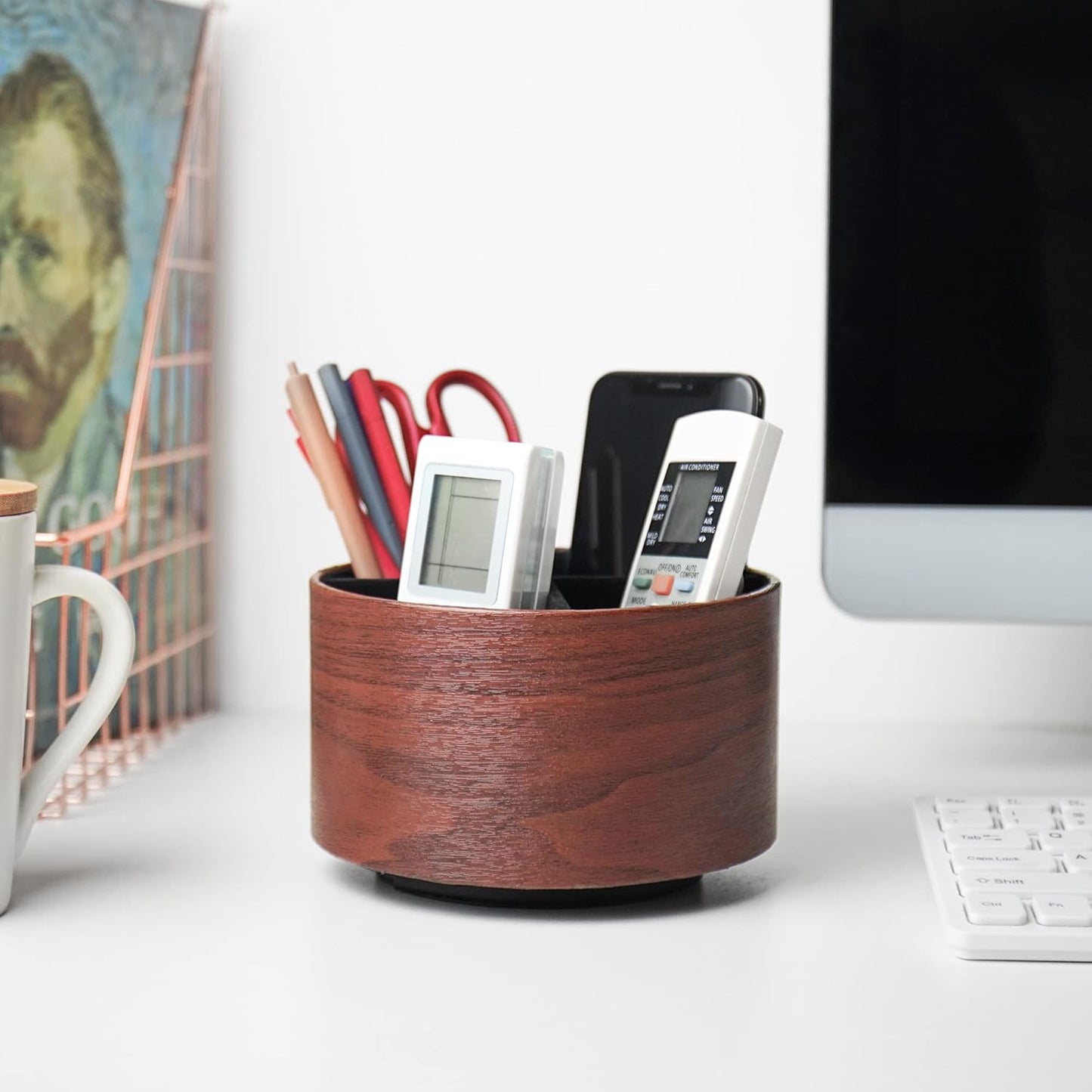 Hennaja Round Leather Art Supply Organizer,Remote Control Holder,360 Degree Spinning,Multi-Functional Pencil Holder,4 Compartments Desktop Stationary Organizer(1-Light Brown2)