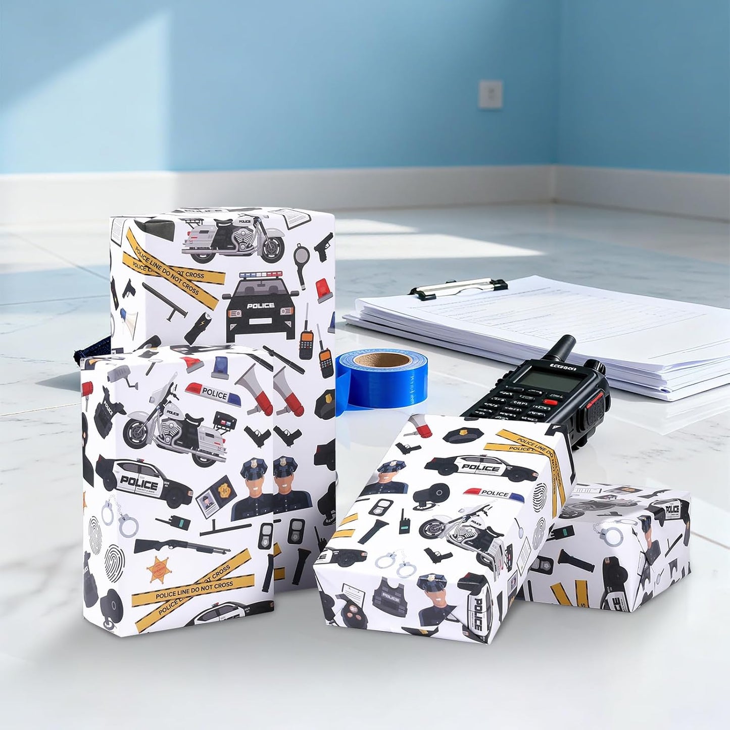 Pineraap Police Wrapping Paper Roll - 17Inch x16.4Feet - Cop Police Theme Gift Wrap for Parties,Birthday,Graduation,Retirement
