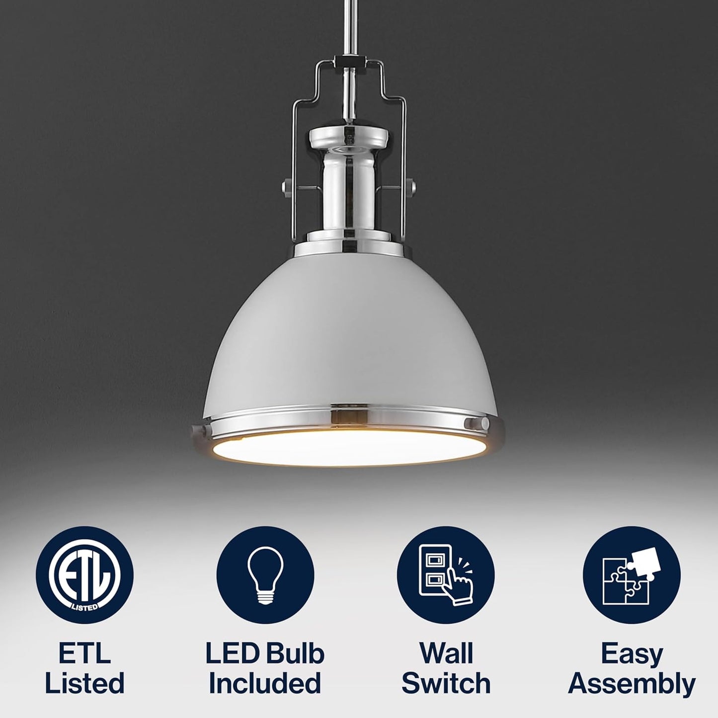 JONATHAN Y JYL9535C Homer 10" 1-Light Modern Industrial Iron LED Dome Pendant, Bohemian, Classic, Cottage, Farmhouse, Industrial, Rustic, Transitional, Dining Room, Kitchen, Foyer, White/Chrome