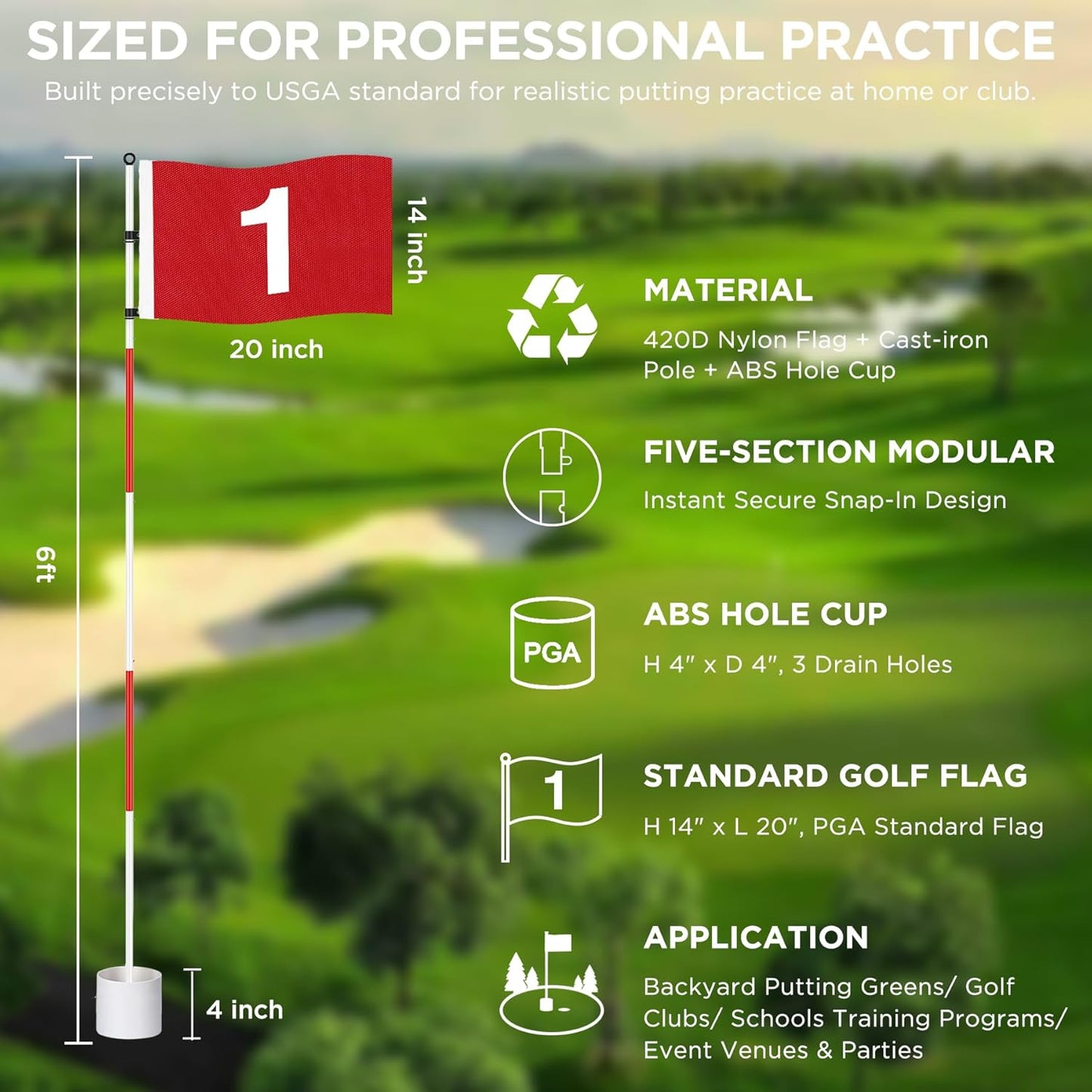 KINGTOP Golf Flagstick 6ft, Portable Five-Section Design for Backyard Practice Putting Green, Driving Range Golf Pin Flag Hole Cup Set, Gift Idea