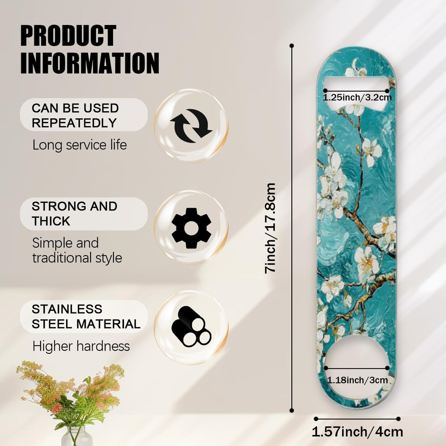 2 PACK Beer Bottle Opener, Stainless Steel Flat Bottle Openers,7 inch Metal Decor,Teal Green Almond Flowers