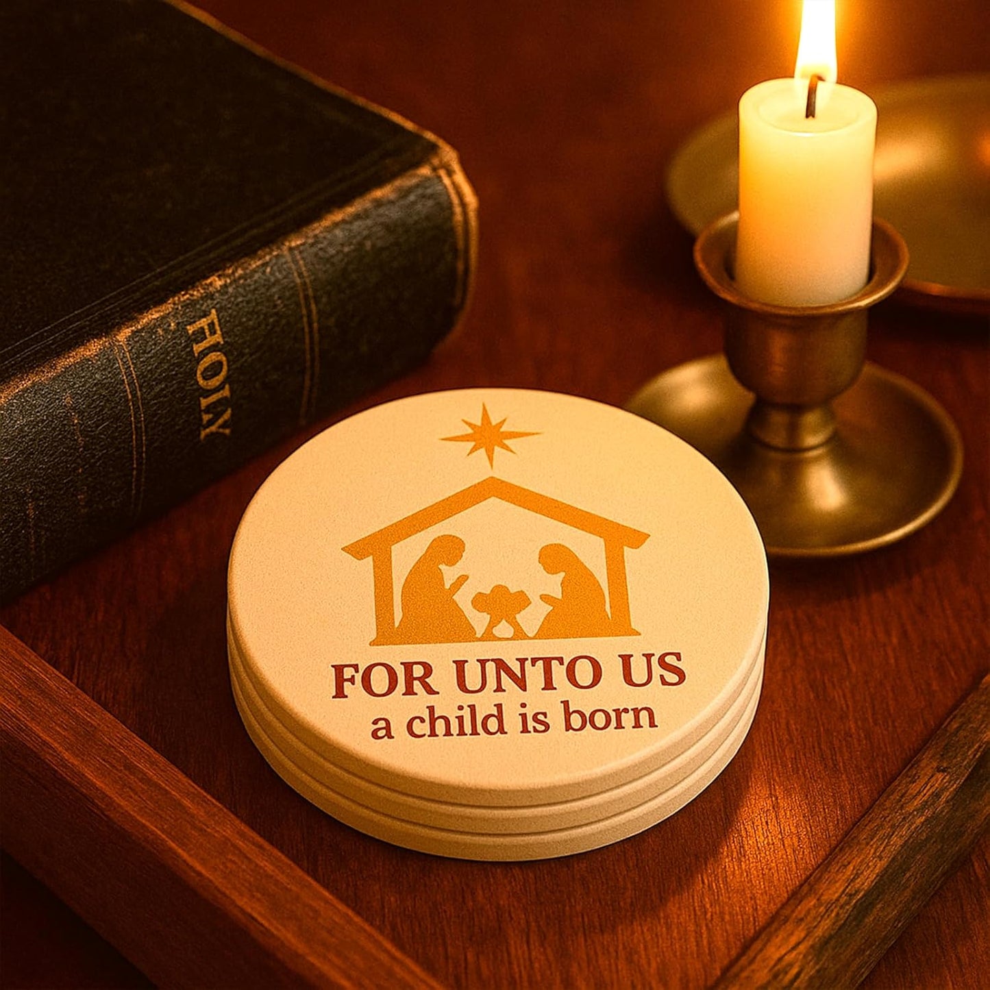 for Unto Us A Child is Born Nativity Scene Christmas Coasters Set of 4, Absorbent Ceramic with Non-Slip Cork Backing – Christian Religious Holiday Drink Coasters for Coffee Table, Home, Church Decor