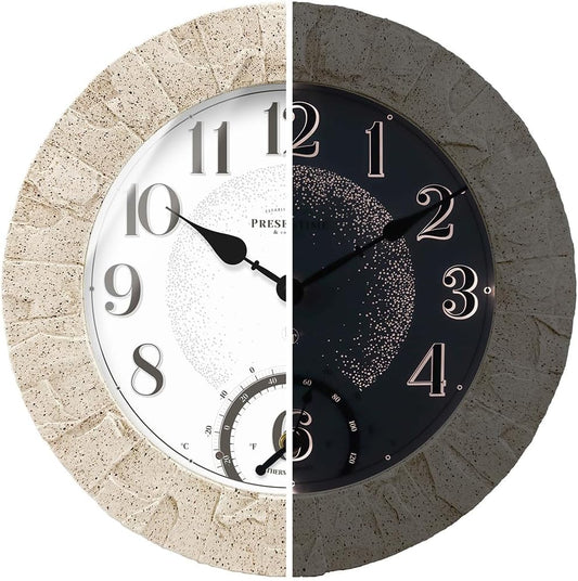 Presentime & Co 14" Illuminated in/Outdoor Clock with Smart Sensor and Night Light, Waterproof, Large Wall Clock with Thermometer & Hygrometer, for Garden and Patio - Coastal Sandstone Finish.