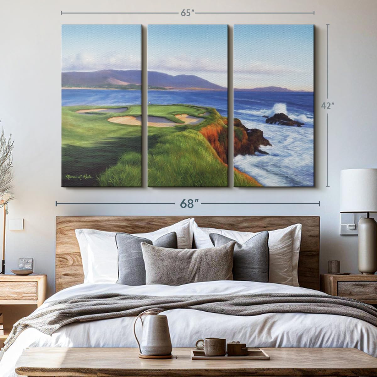 ElephantStock Pebble Beach 7th Hole Wall Art - Horizontal Canvas - 3-Piece Living Room Wall Decor - Painting Sports Canvas Print - Green and Blue Decor for Wall by Marci Rule - 65" X 42"