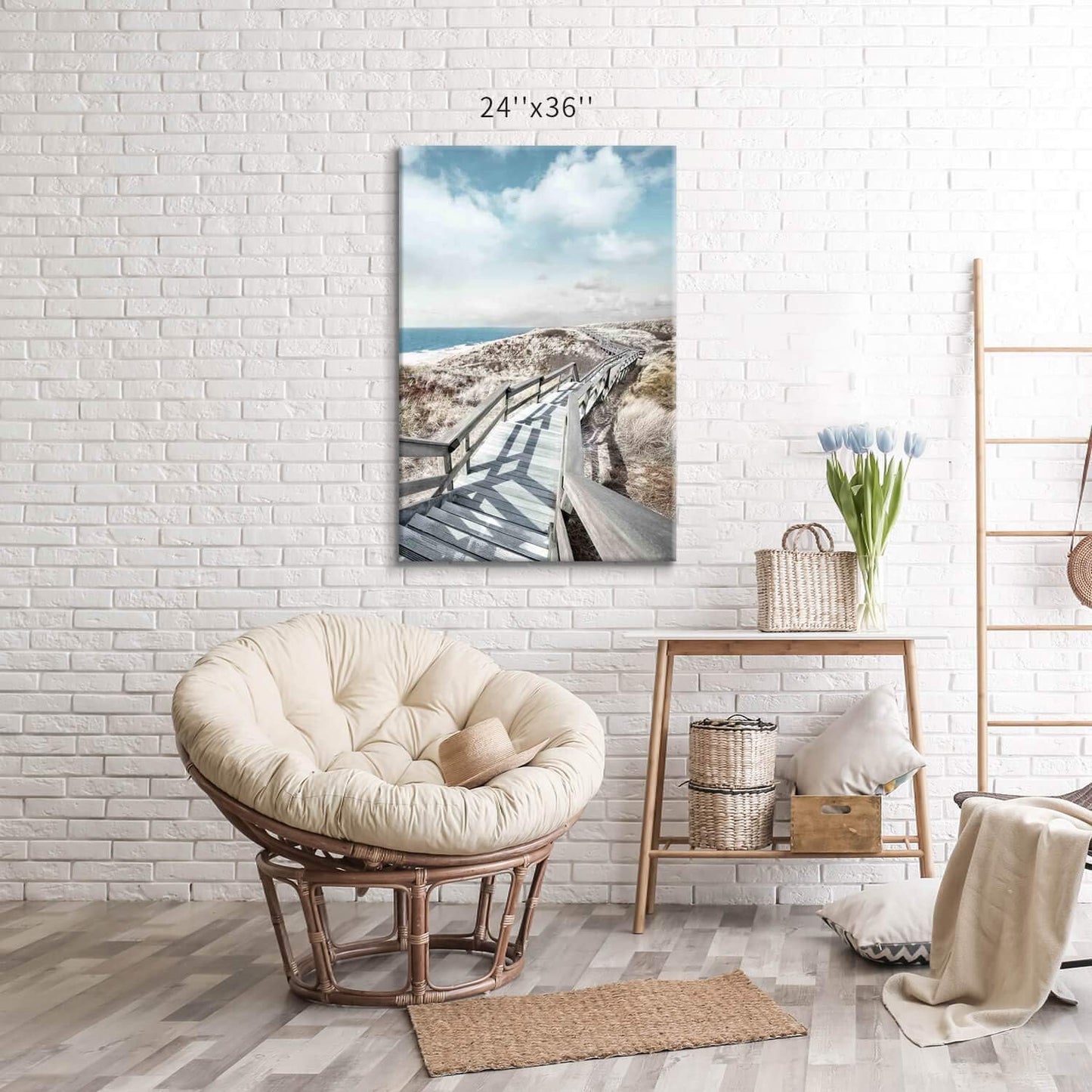 Beach Pier Canvas Wall Art: Boardwalk Stair Picture Graphic Art Painting for Wall Decor(24''x36'')