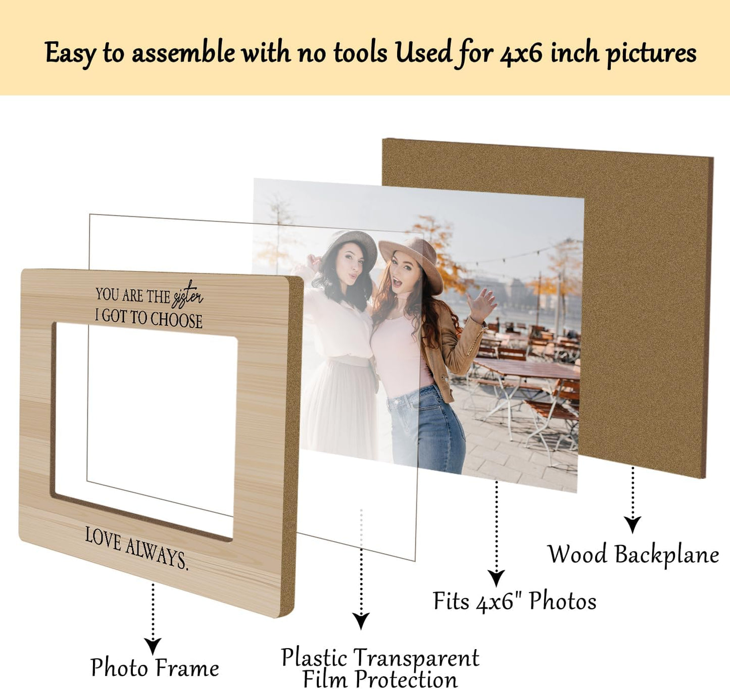 Sisters Picture Frame, Wooden Photo Frame with Stand, Friendship Gifts Birthday Gifts for Women Sister Bestie Friends, Home Office Desk Decor Photo Frame Tabletop Display -xk28