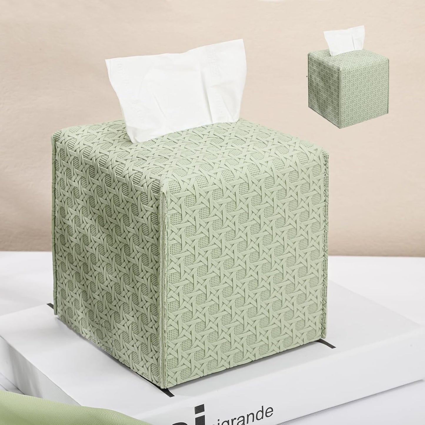 HOMOTEK 2 Pack Tissue Box Cover, Square PU Leather Tissue Holder, Decorative Facial Tissue Cube Paper Organizer Dispenser for Bathroom, Night Stands, Desk, Car 5X5X5'' - Rattan Weave,Mint Green