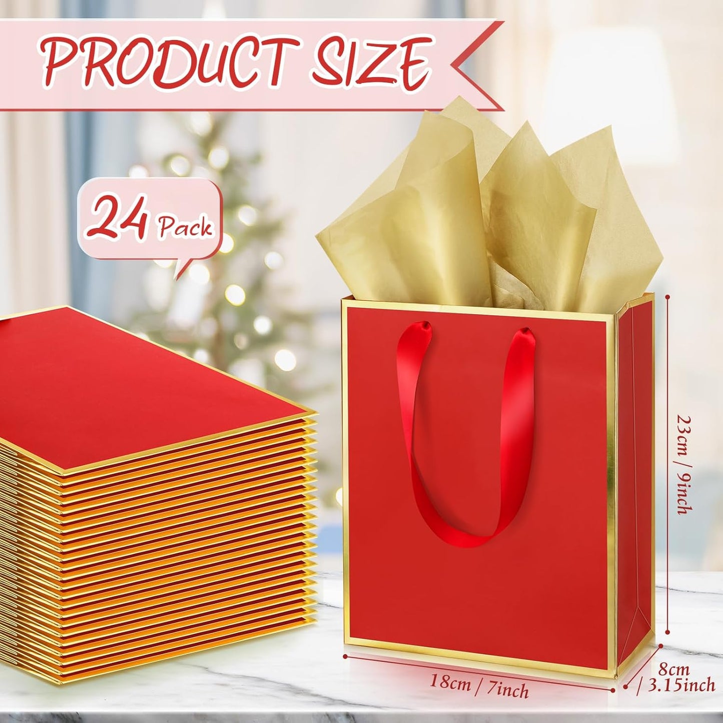 Yeaqee 24 Pack Metallic Paper Gift Bags with Handle and Tissue 9x7x3.1 Gold Foil Welcome Favor Bags Return Gifts for Wedding Fall 5 Senses Christmas Bridesmaid Birthday(Red Gold)