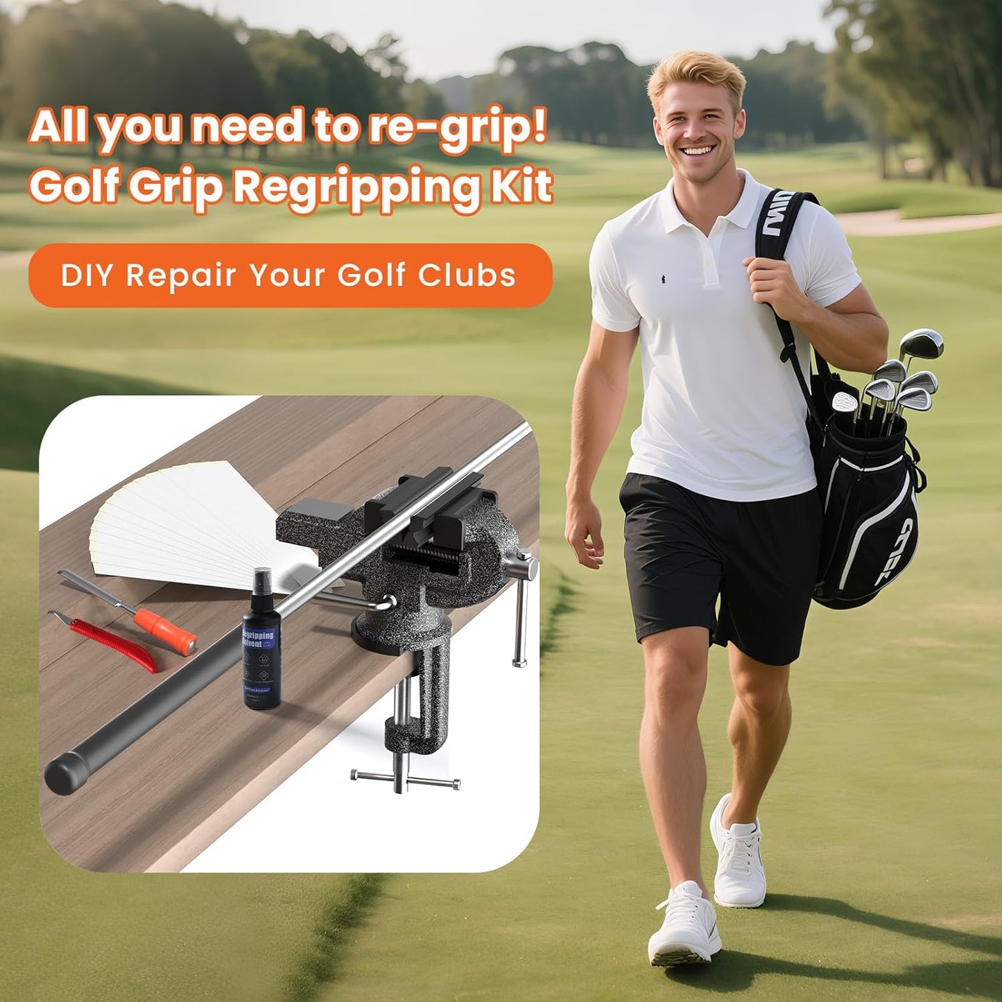 Golf Grip Kit for Regripping Golf Club, Golf Grip Removal Tool with Portable Vise Clamp, Solvent, 15 Double-Sided Tapes (2"x10"), Hook Knife & Tape Remover & Rubber Sleeve – DIY Golf Club Repair Kit
