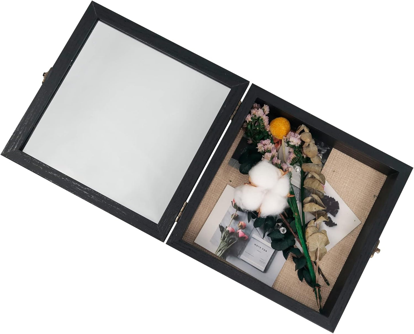 GraduatePro Shadow Box Frame 8x8 Display Case with Linen Back, Real Glass Window Door with Hinge, Picture Frame Wedding Bouquet Memorabilia Medals Photos Memory Box for Keepsakes, Rustic Black