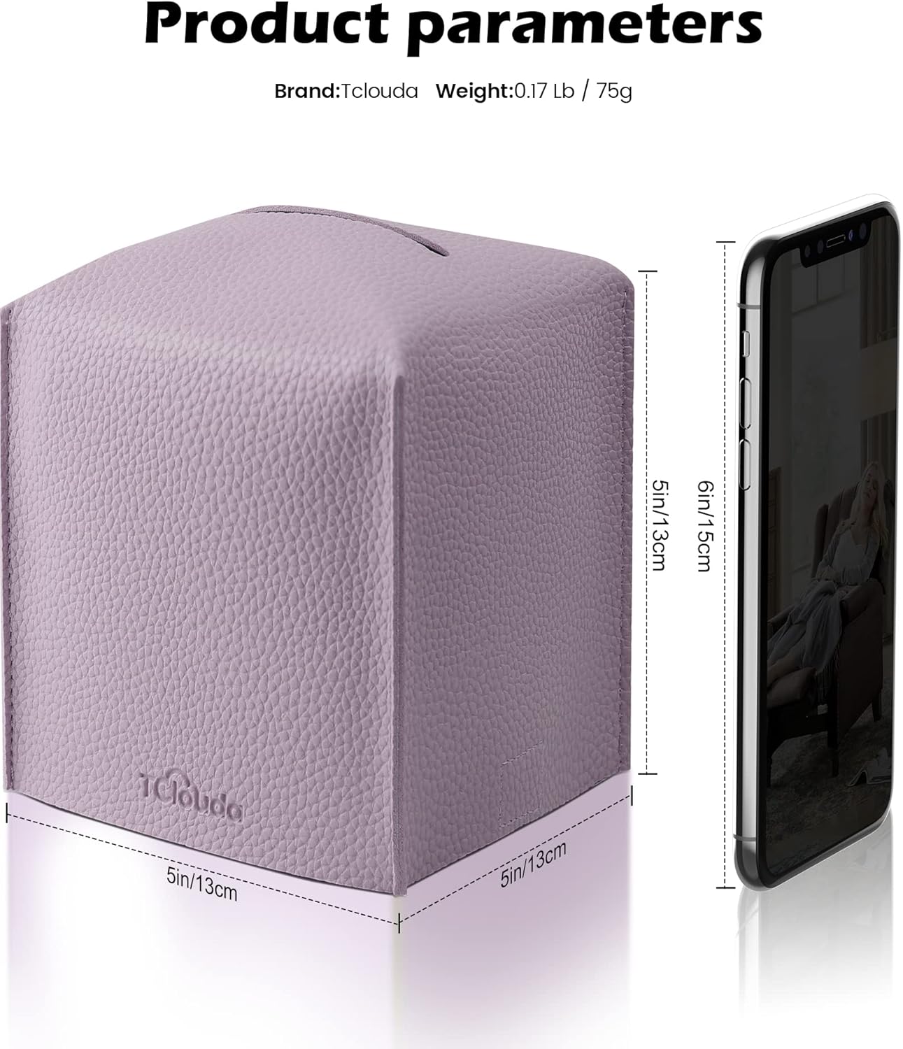 Tissue Box Cover for PU Leather, Modern Simple Solid Color Holder Square Tissue Bag, Ideal for Bathrooms,Office,Car,Nightstand,Outdoor Tent,Dining Table,5"X5"X5", Single Purple