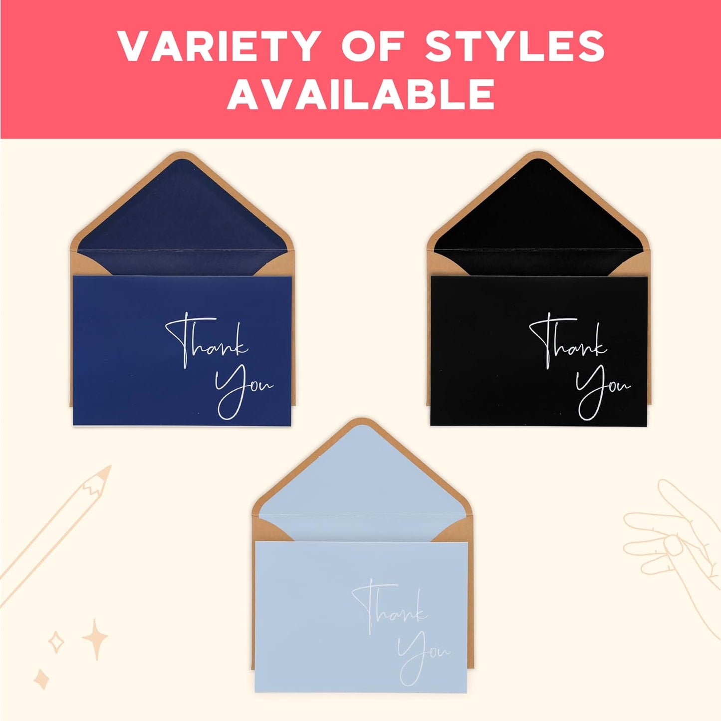 VNS Creations 20 Pack Thank You Cards With Envelopes, Stickers, 4x6 Inch Blank Thank You Notes - Bulk Box Set Large Notes for Graduation, Wedding, Small Business, Baby & Bridal Shower - Navy Blue