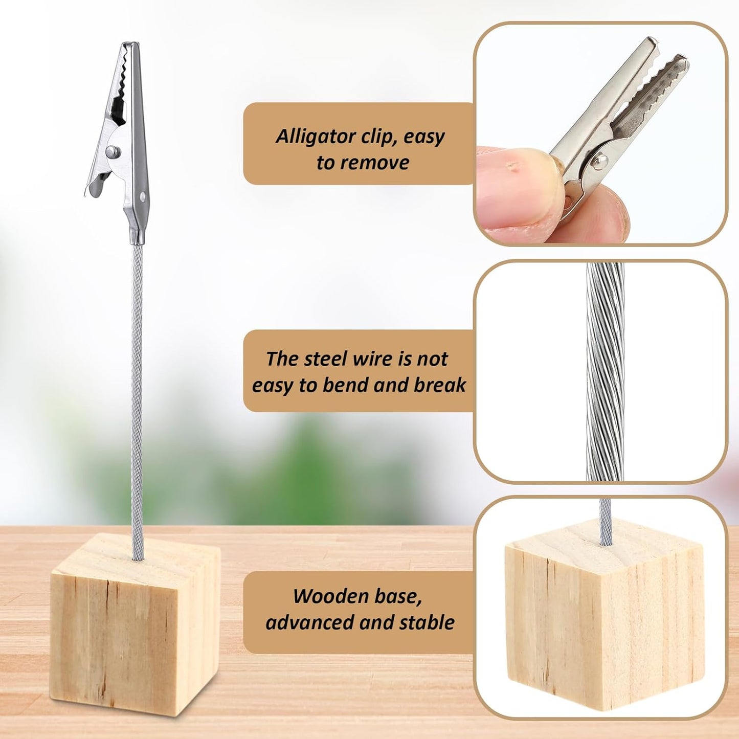 20 Pcs Cube Base Memo Clip Holder with Alligator Clip Wood Table Number Holder Cube Base Place Card Stand Mini Photo Menu Stand for Displaying Number Card (Light Wood Color)