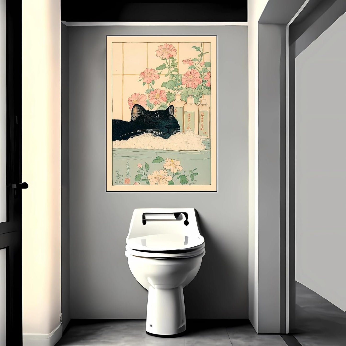 Vintage Black Cat in The Bathtub Posters Funny Bathroom Wall Art Cute Animal Lover Canvas Prints Japanese Aesthetic Neutral Minimalist Wall Decor for Restroom Toilet 12x16in Framed