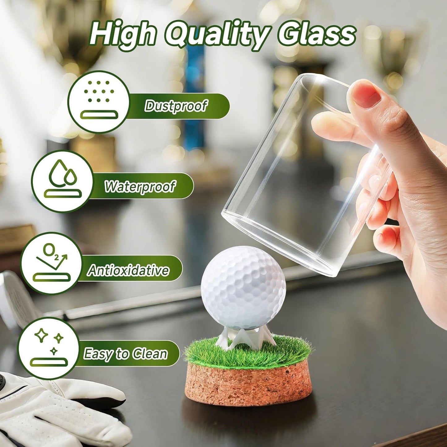 Rocalt Golf Ball Display Case, Hole in One Golf Ball Display Case, Clear Glass Golf Ball Holder with Cork Base, Lifelike Turf, and Plastics Tee, Golf Gifts Decor