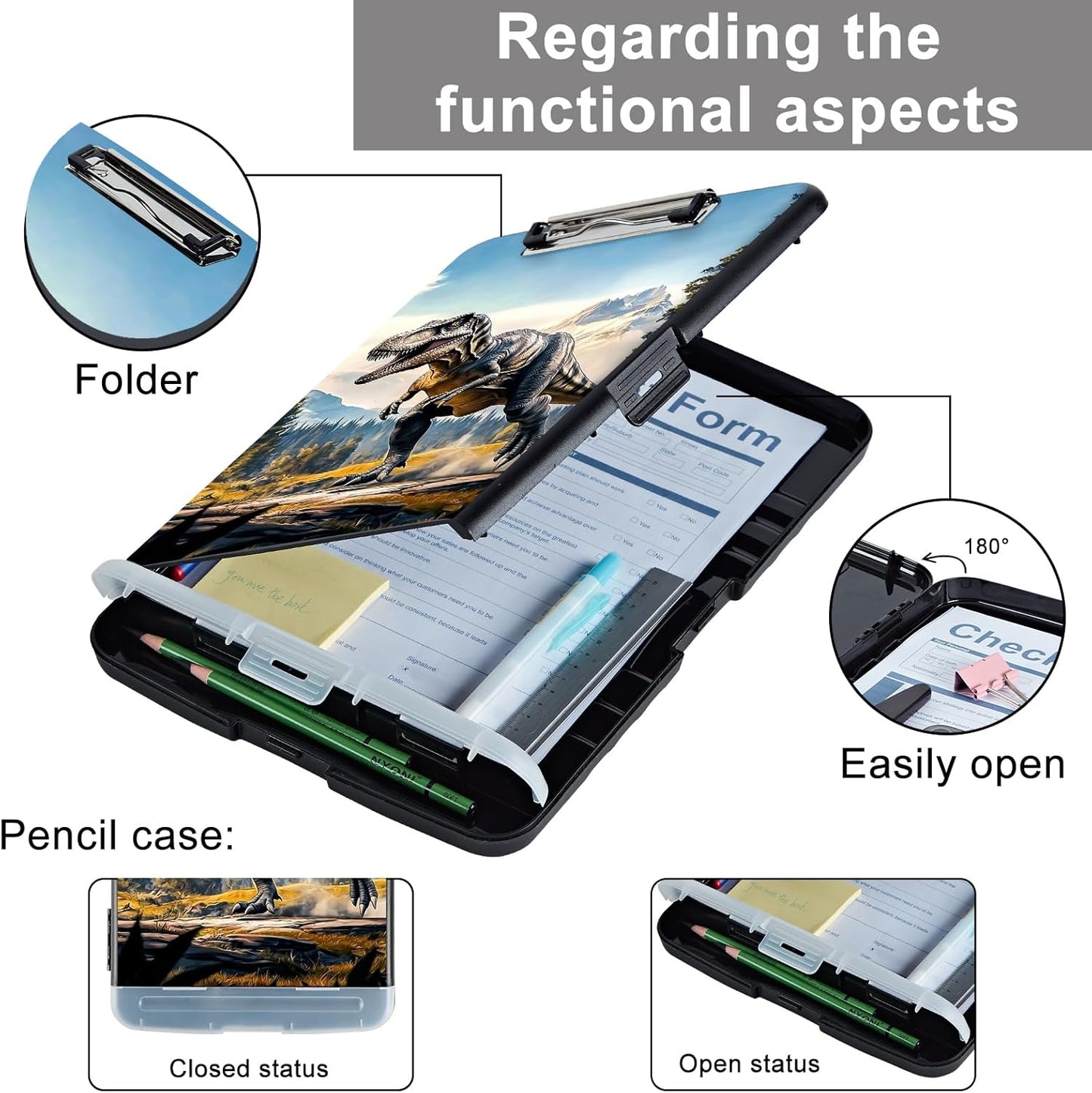Clipboard with Storage - Large Capacity,Nursing Clipboard with Pen Holder,Heavy Duty,Plastic Side-Opening Folder for Teacher,Nurse - Roaring Dinosaur