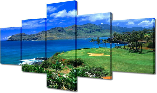 Lagoons Golf Course Wall Art Hawaii Ocean Golf Course Wall Decor Posters Framed Paintings Canvas 5 Panels Wall Art for Living Room Bedroom Office Wall Decorations Framed Ready to Hang - 50" W x 24" H