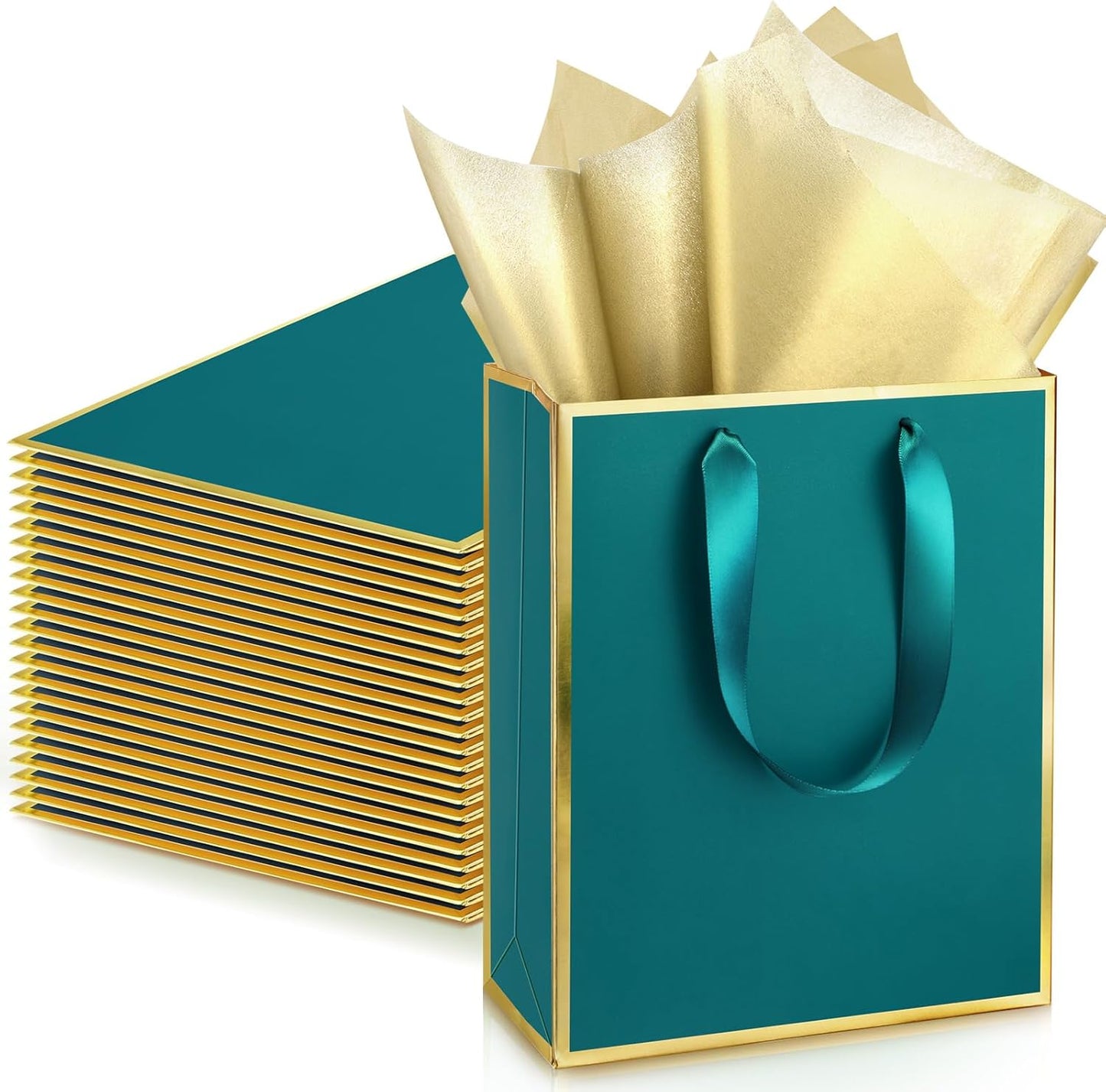 Yeaqee 24 Pack Metallic Paper Gift Bags with Handle and Tissue 9x7x3.1 Gold Foil Welcome Favor Bags Return Gifts for Wedding Fall 5 Senses Christmas Bridesmaid Birthday(Turquoise, Gold)