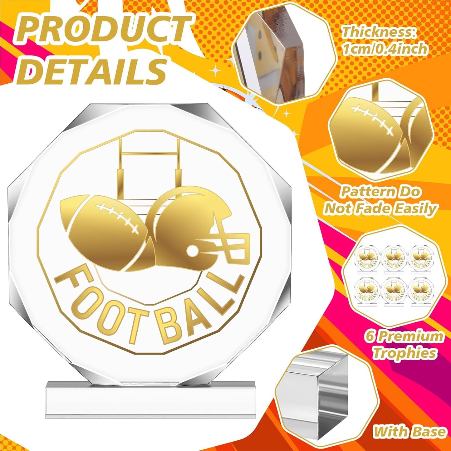 6 Pack Sports Trophy Acrylic Award Medals 4.72 x 4.72 Inch Sports Contest Trophies Bulk Plaques Team Prize Gift Trophies for Competition