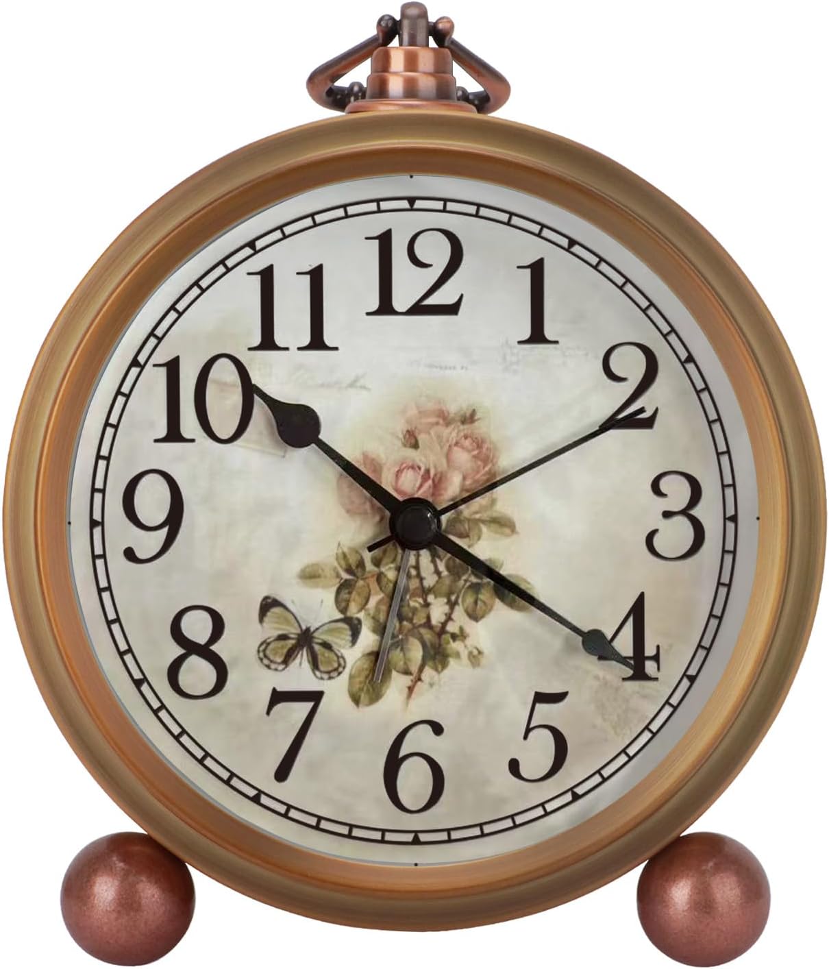 Maxspace Metal Golden Table Clock, Retro Vintage Non-Ticking Small Alarm Clock,Battery Operated Silent Quartz Movement HD Glass Desk Clock for Bedroom Living Room Indoor Decoration Kids… (Rose)