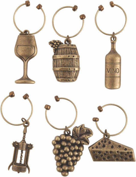 Twine Antiqued farmhouse decor wine charms and drink markers for wine glasses, 6 count