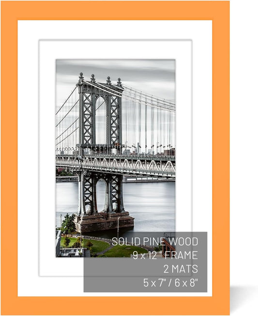 9x12 Solid Wood Picture Frames - Display 5x7 or 6x8 Photos with 2 Mats, Wall Mounting or Table Top (Orange)