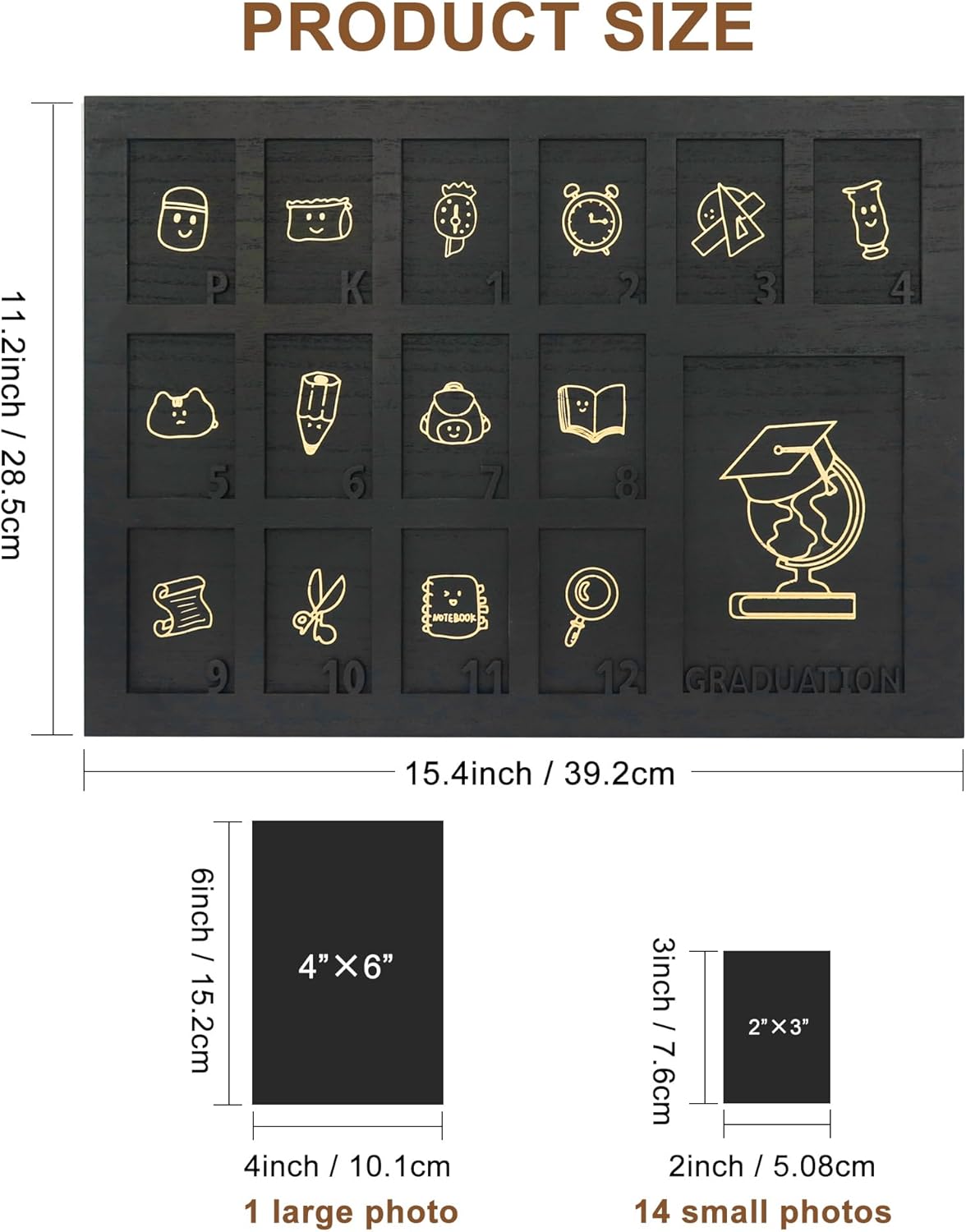 School Years Picture Frame Pre K to 12 Black Graduation Gift Collage Frame with Stand Easel, Displays One 4x6 and Twelve 2x3 Wallet Photos