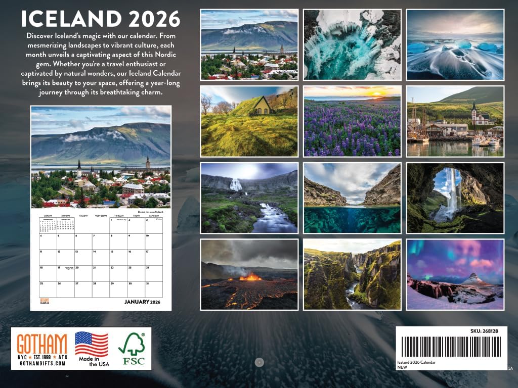 Iceland Calendar 2026 Icelandic Gifts Monthly Wall Calender 12 Month | American Made In The USA