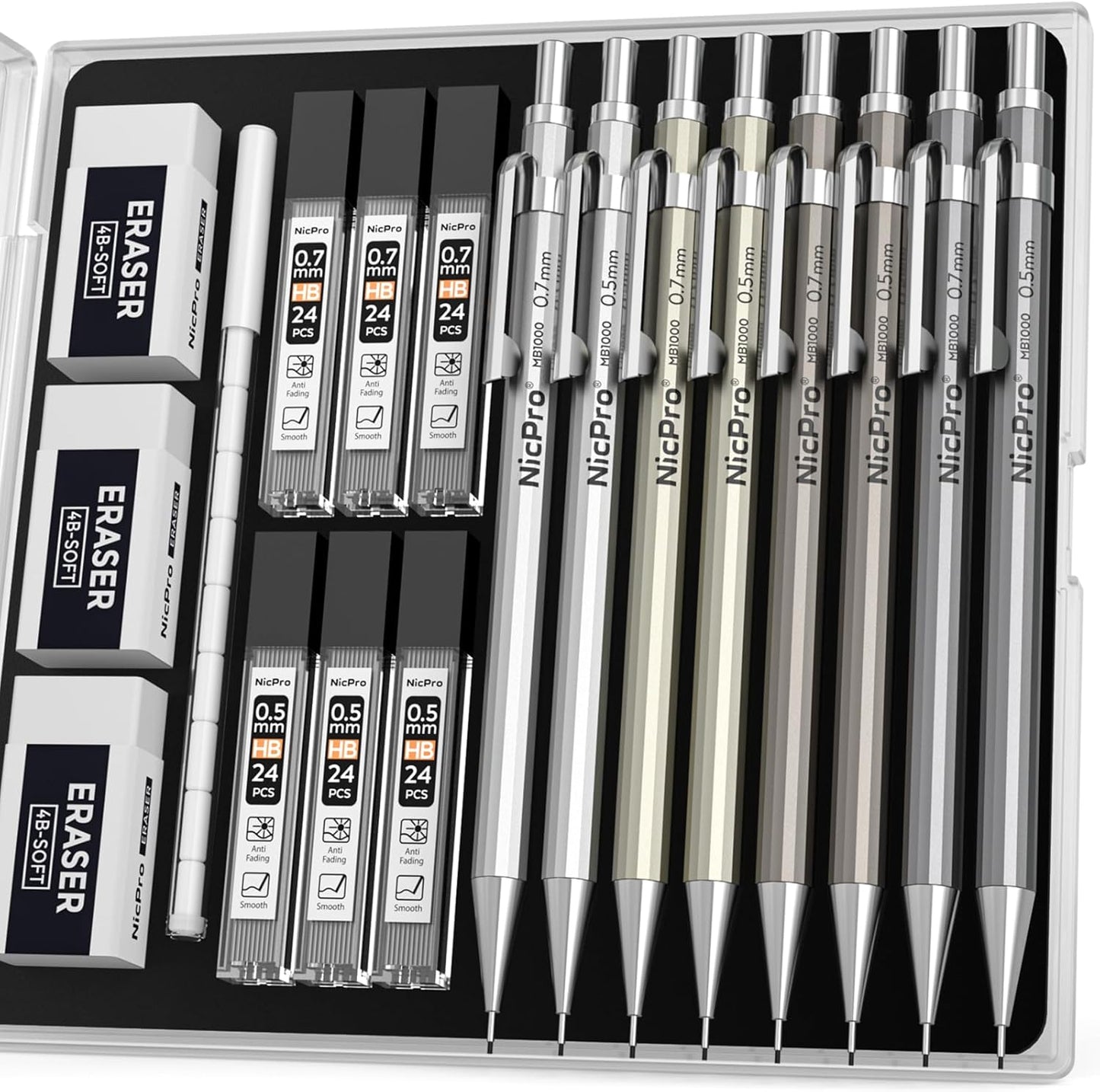 Nicpro 8 Pack 0.5mm & 0.7mm Metal Mechanical Pencil Set, MB1000 Lead Drafting Pencil for Artist Writing, Sketching, Drawing with 6 Tubes HB Lead Refills, 3PCS 4B Eraser, 9PCS Cap Eraser - With Case
