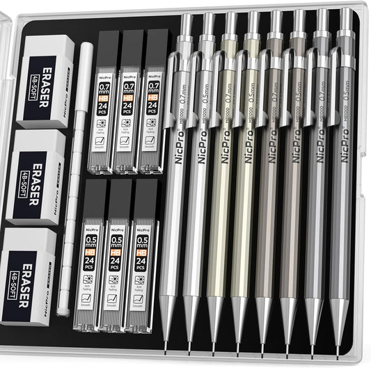 Nicpro 8 Pack 0.5mm & 0.7mm Metal Mechanical Pencil Set, MB1000 Lead Drafting Pencil for Artist Writing, Sketching, Drawing with 6 Tubes HB Lead Refills, 3PCS 4B Eraser, 9PCS Cap Eraser - With Case