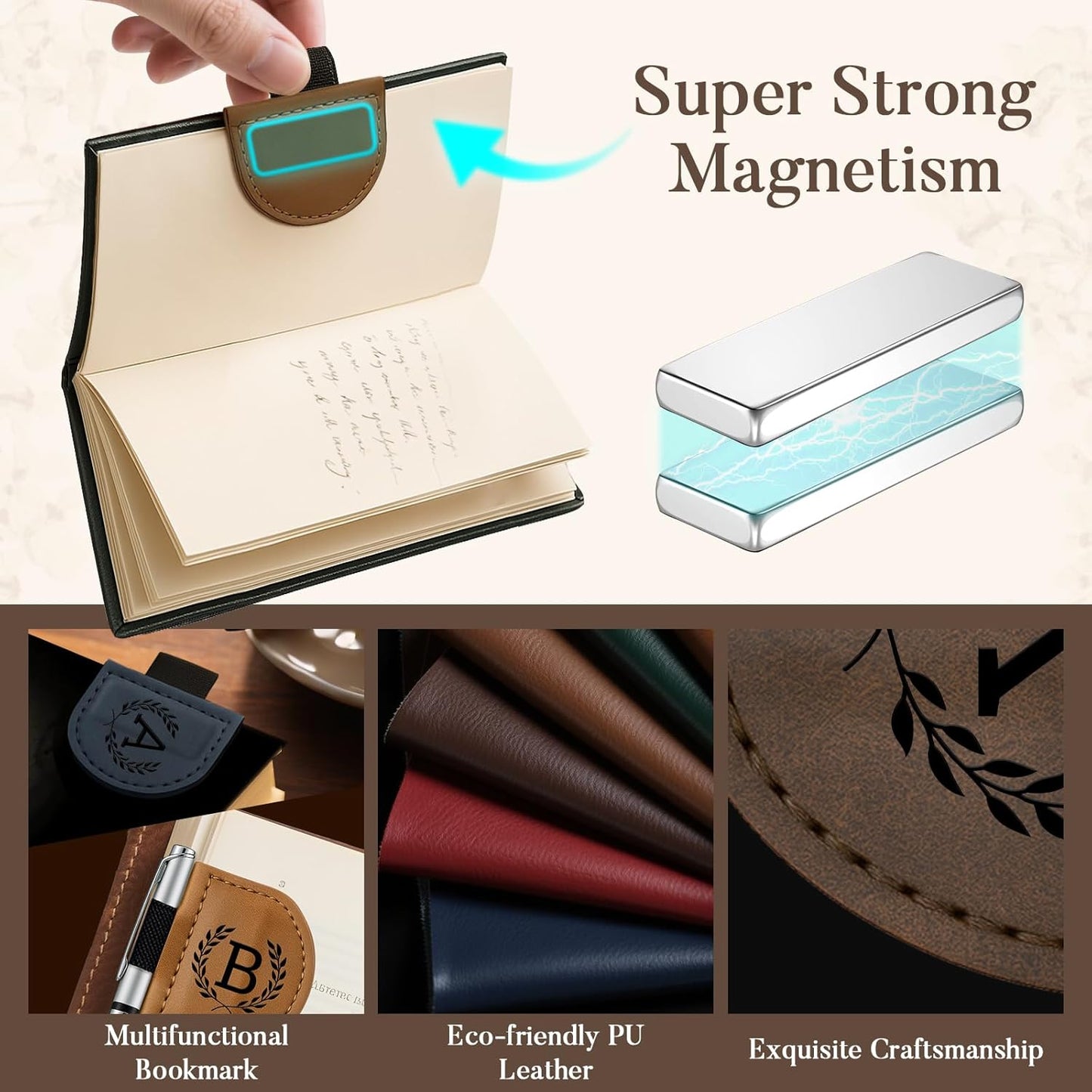 Personalized Bygone Mark Bookmark with Pen Holder,Engraving Leather Magnetic Bookmarks Vintage 26 Letters Name Initials Text Book Marker Clips Gifts for Reading Book Lovers Women (Coffee, N)