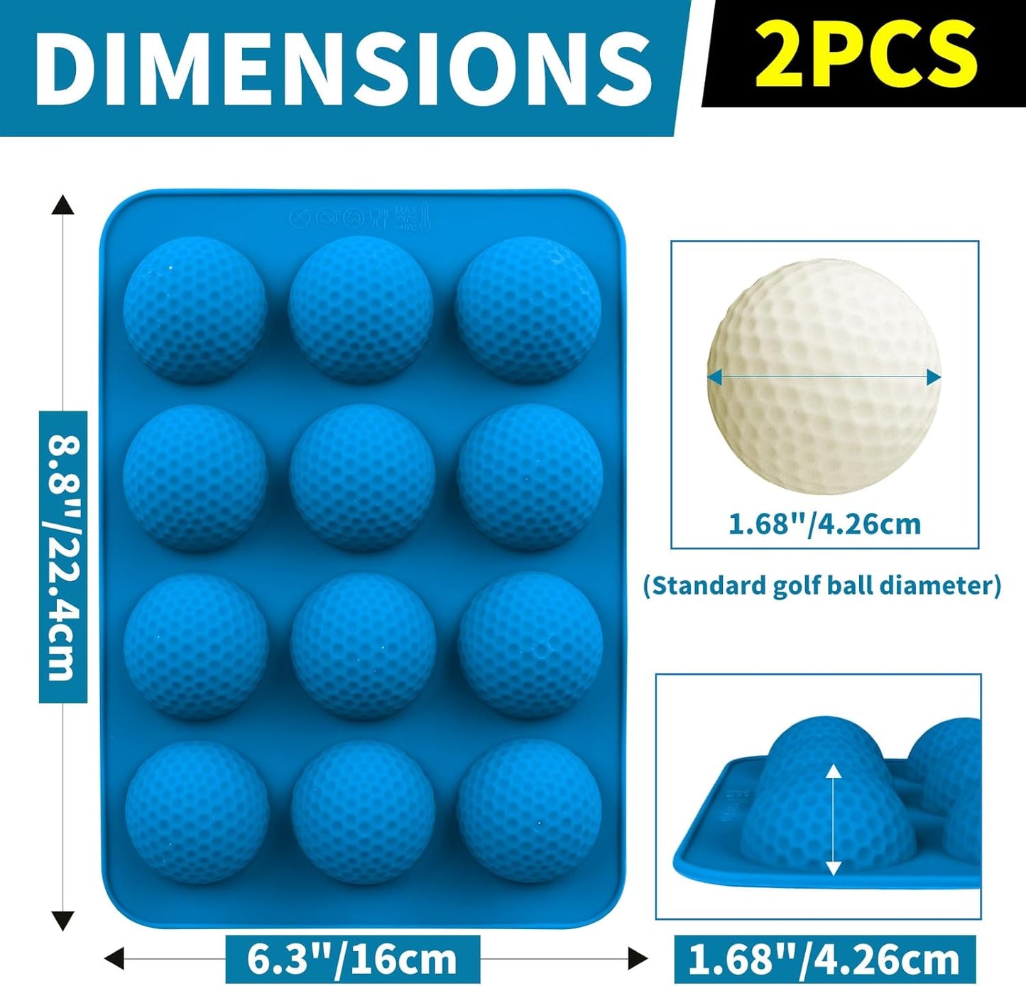 Golf Ball Cake Pop Mold, 2 Pack Golf Ball Chocolate Molds, 12-Cavity 3D Golf Ball Silicone Mold for Cupcake Decorations, Hot Chocolate Bomb, Candy (Blue)
