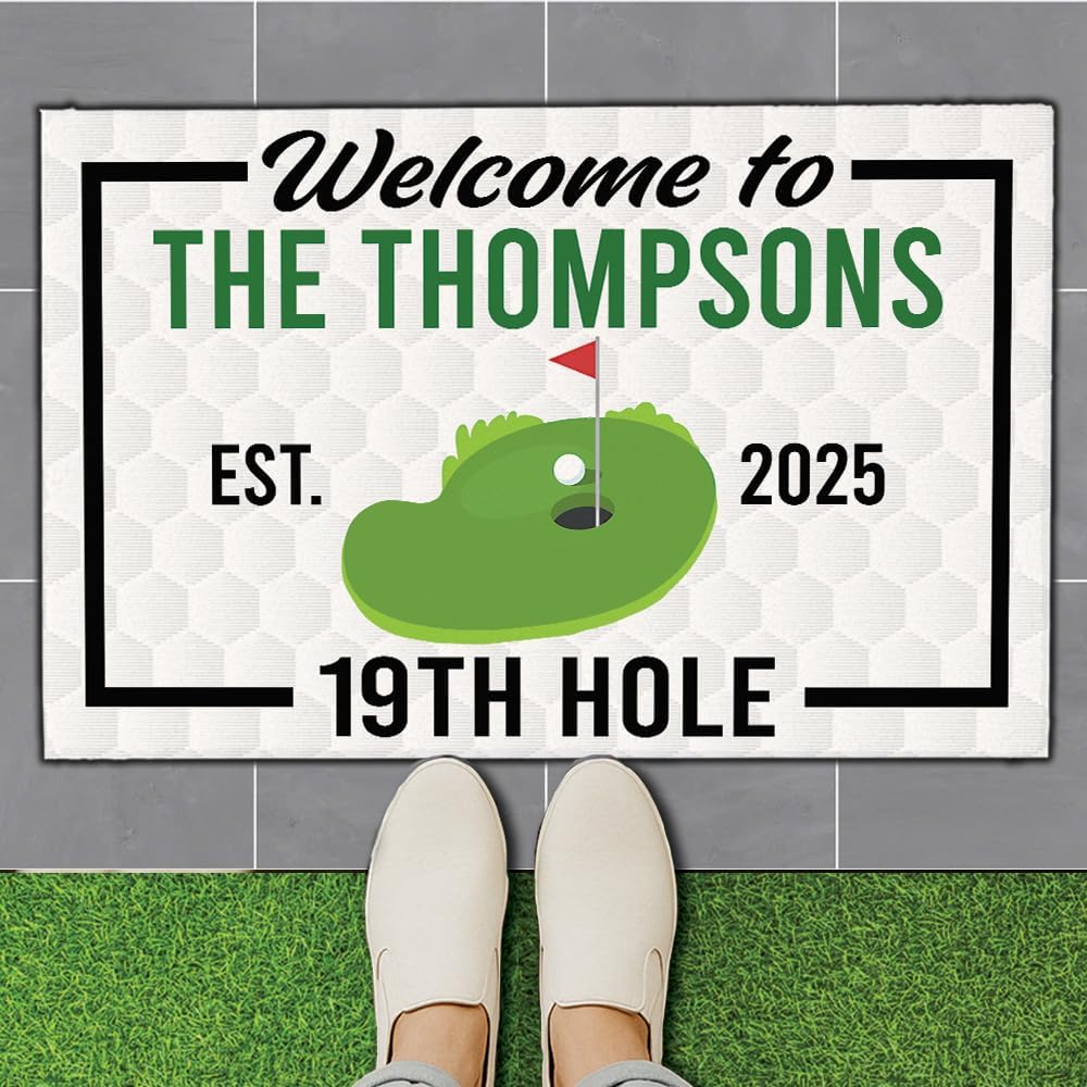 Personalized Golf Doormat with Custom Family Name & Year – Non-Slip 19th Hole Welcome Mat for Outdoor Entrance – Funny Golf Lover Gift – Clubhouse Decor for Patio, Garage, Man Cave or Front Door