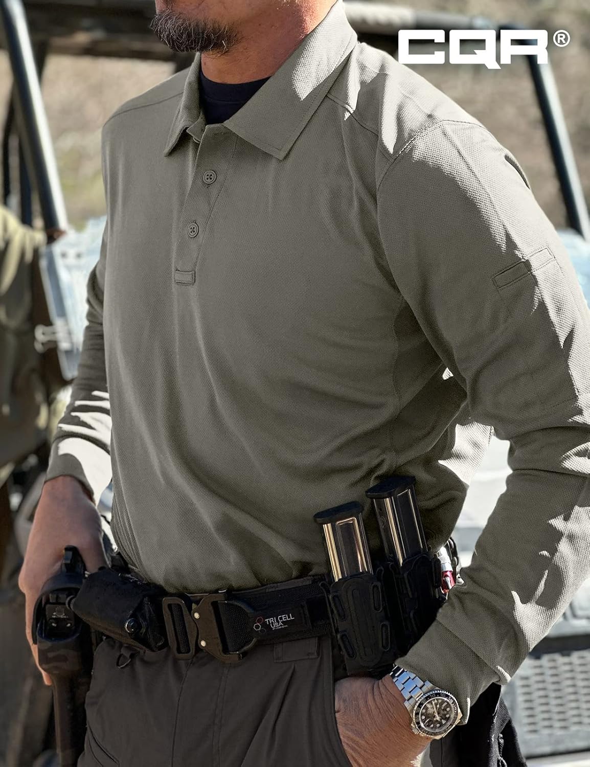 CQR Men's Polo Shirt, Long Sleeve Tactical Shirts, Outdoor UPF 50+ Pique Shirt, Dry Fit Lightweight Golf Shirts