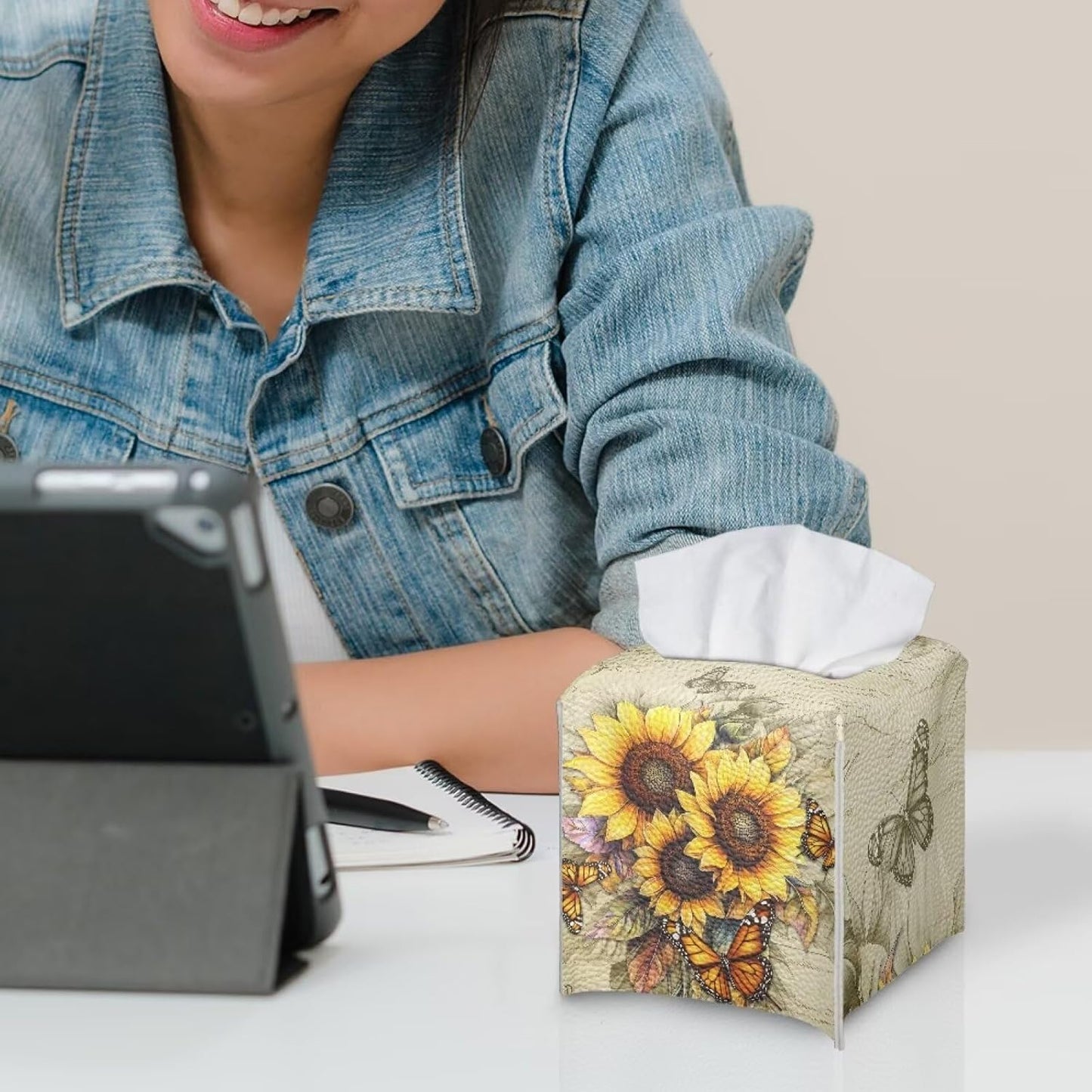 Sunflower Tissue Box Cover Square Leather Tissue Cover 5x5x5 inch Oil Paited Style Home Decorative Facial Paper Box Holder for Desk Bathroom Vanity Countertop
