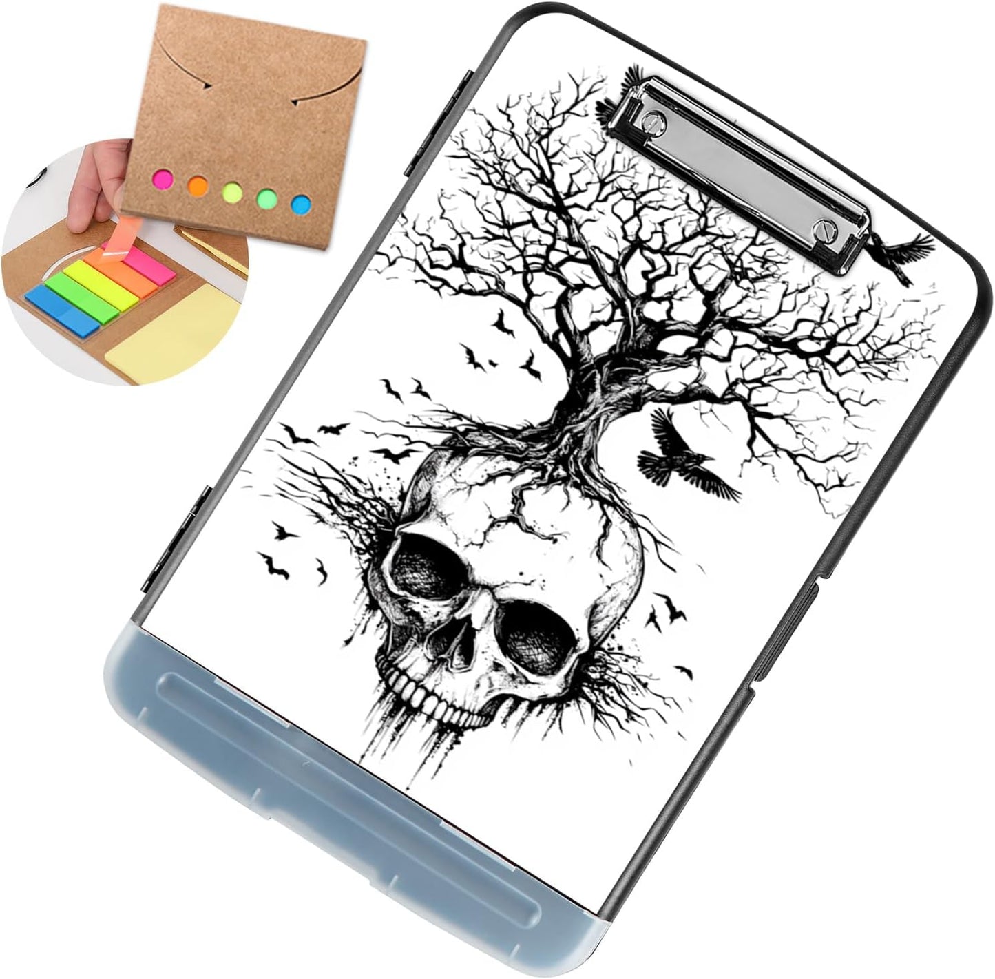 Clipboard with Storage - Large Capacity,Nursing Clipboard with Pen Holder,Heavy Duty,Plastic Side-Opening Folder for Teacher,Nurse - Crow Skull