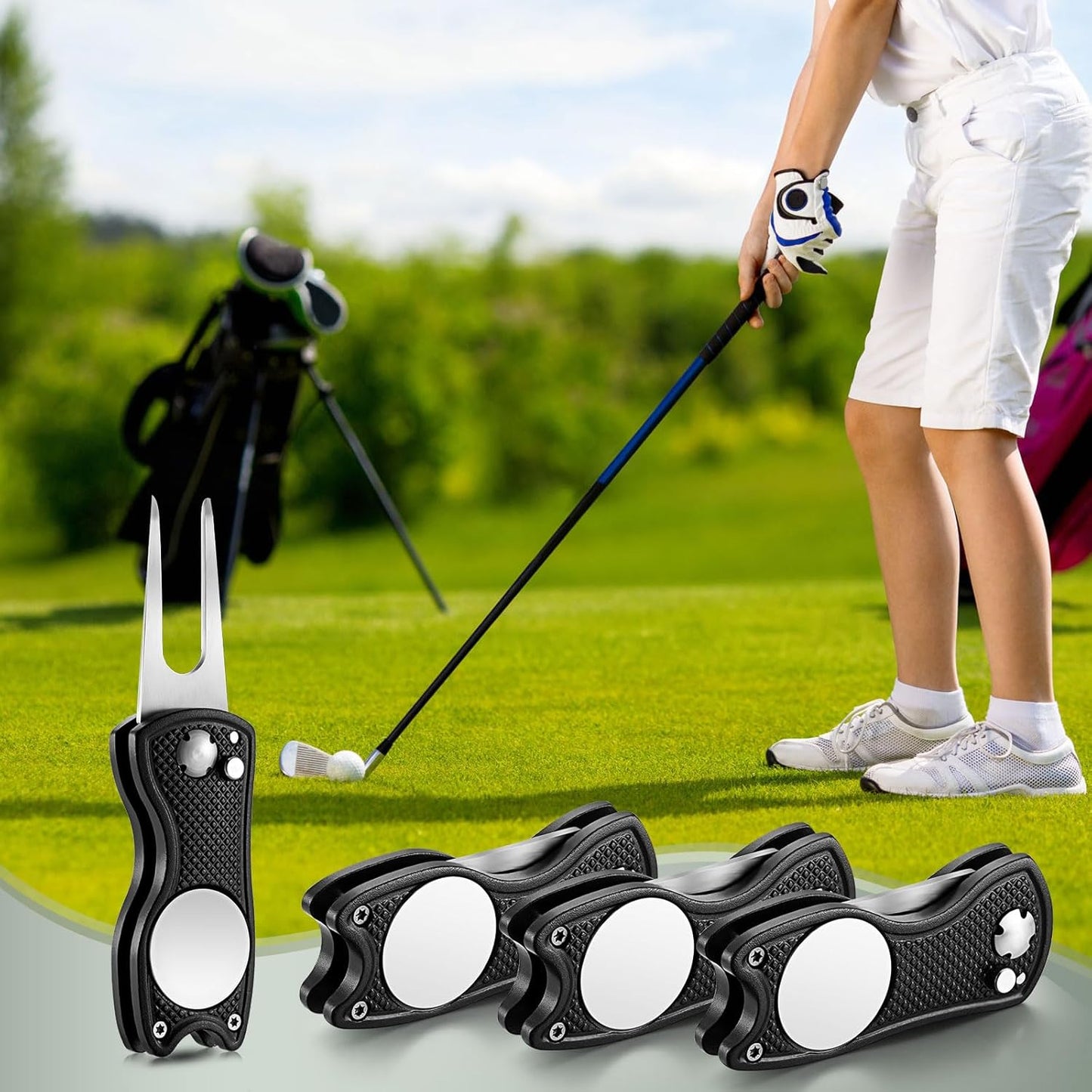 Skylety 4 Pcs Golf Divot Repair Tool Metal Foldable Golf Divot Tool with Magnetic Pop-up Button Ball Marker Stainless Steel Switchblade for Golfers Prizes