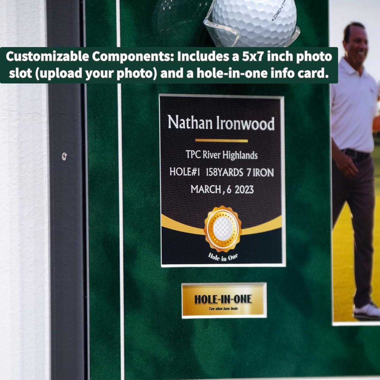 One-Shot Victory Golf Ball Display Frame – Acrylic Case with External Ball Mount, Custom Photo & Nameplate, Green Suede Mat, Elegant Golf Keepsake Gift