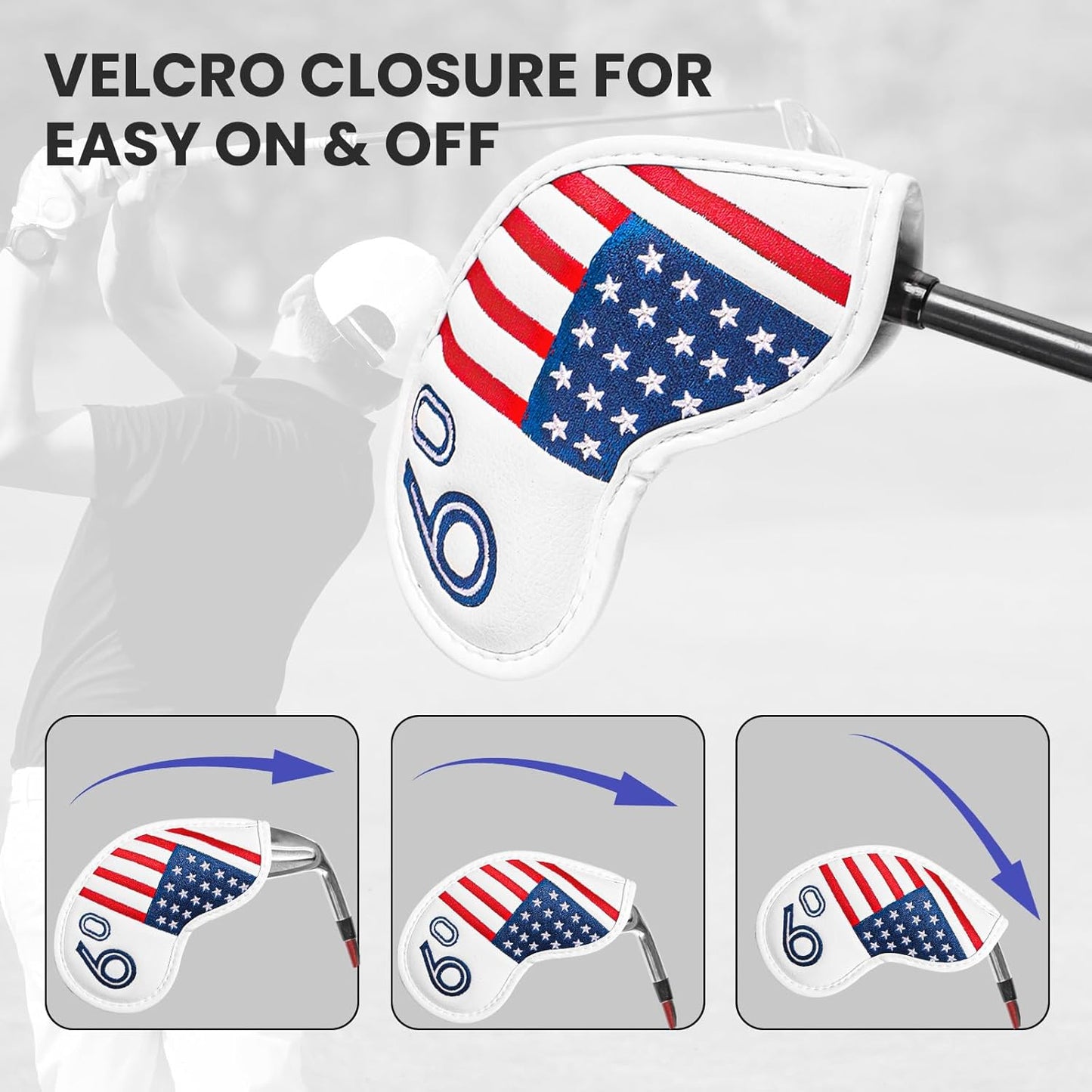 Golf Iron Wedge Head Covers 52° 54° 56° 60° 1 or 4 Pack, Synthetic Leather Clover USA Flag Design Club Head Protection, Universal Headcover Fit Iron Clubs for Men Women