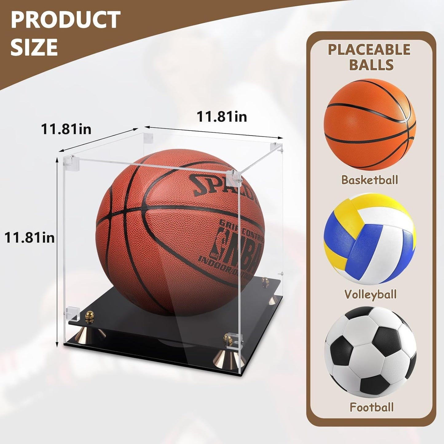 Basketball Display Case Acrylic Clear 11.8 Inch for Full Size Autographed Ball, UV Protected Memorabilia Showcase with Solid Wood Base - Signed Soccer Gift Box for Collectibles