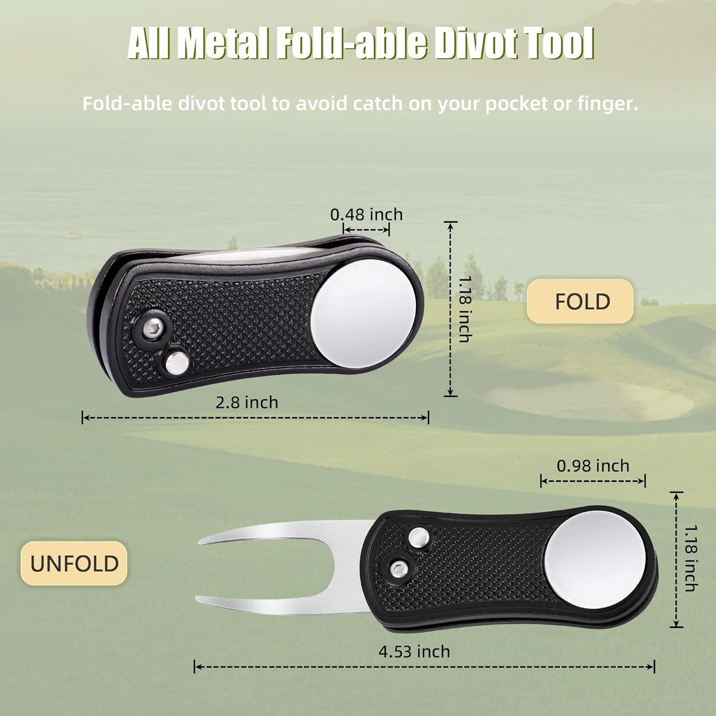 Mile High Life Golf Divot Repair Tool, All Metal Foldable Divot Tool with Pop-up Button & Magnetic Ball Marker