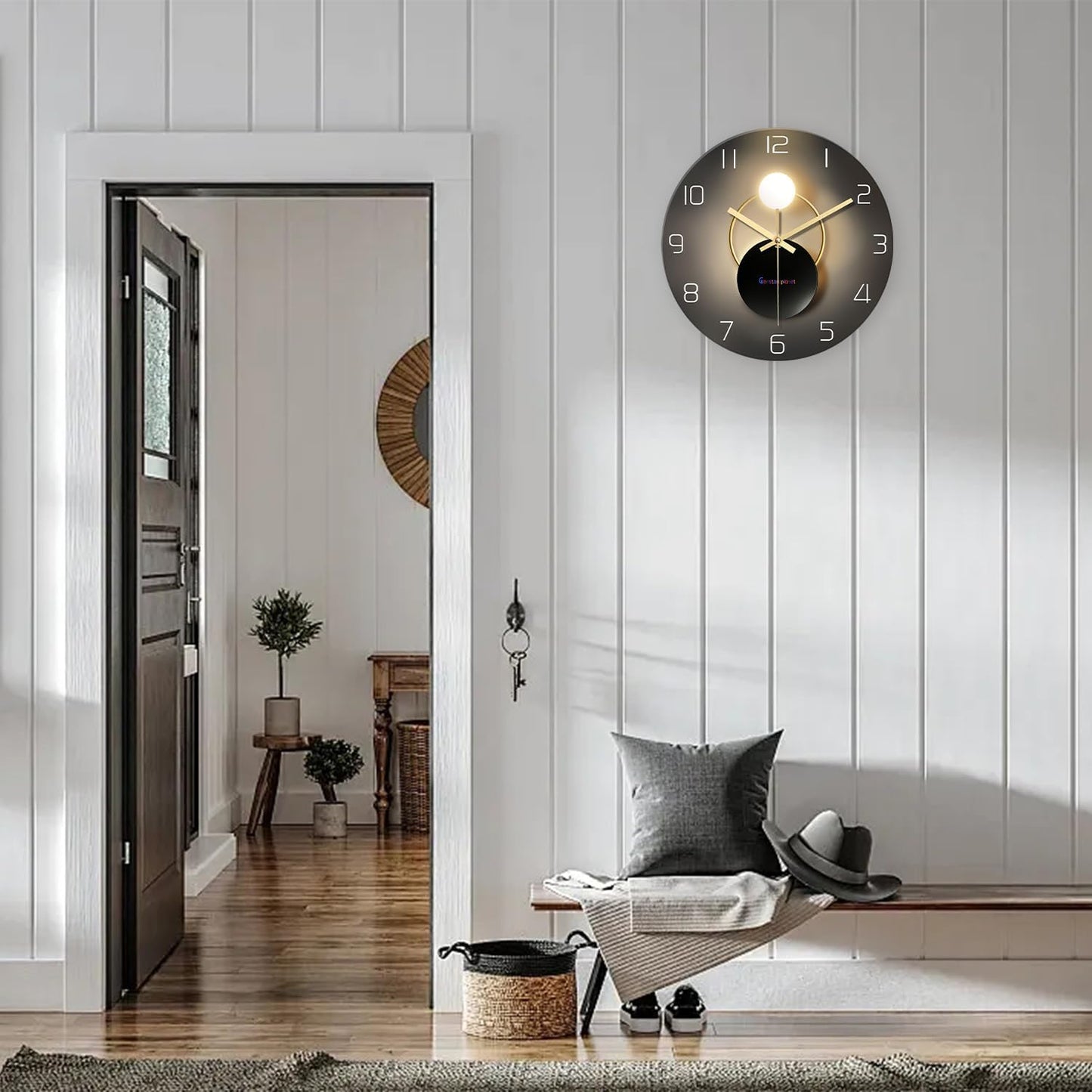 Large Wall Clocks Battery Operated 16 Inch Round Glass Analog Wall Clock Silent Black and Glod Quartz Wall Clock for Bedroom