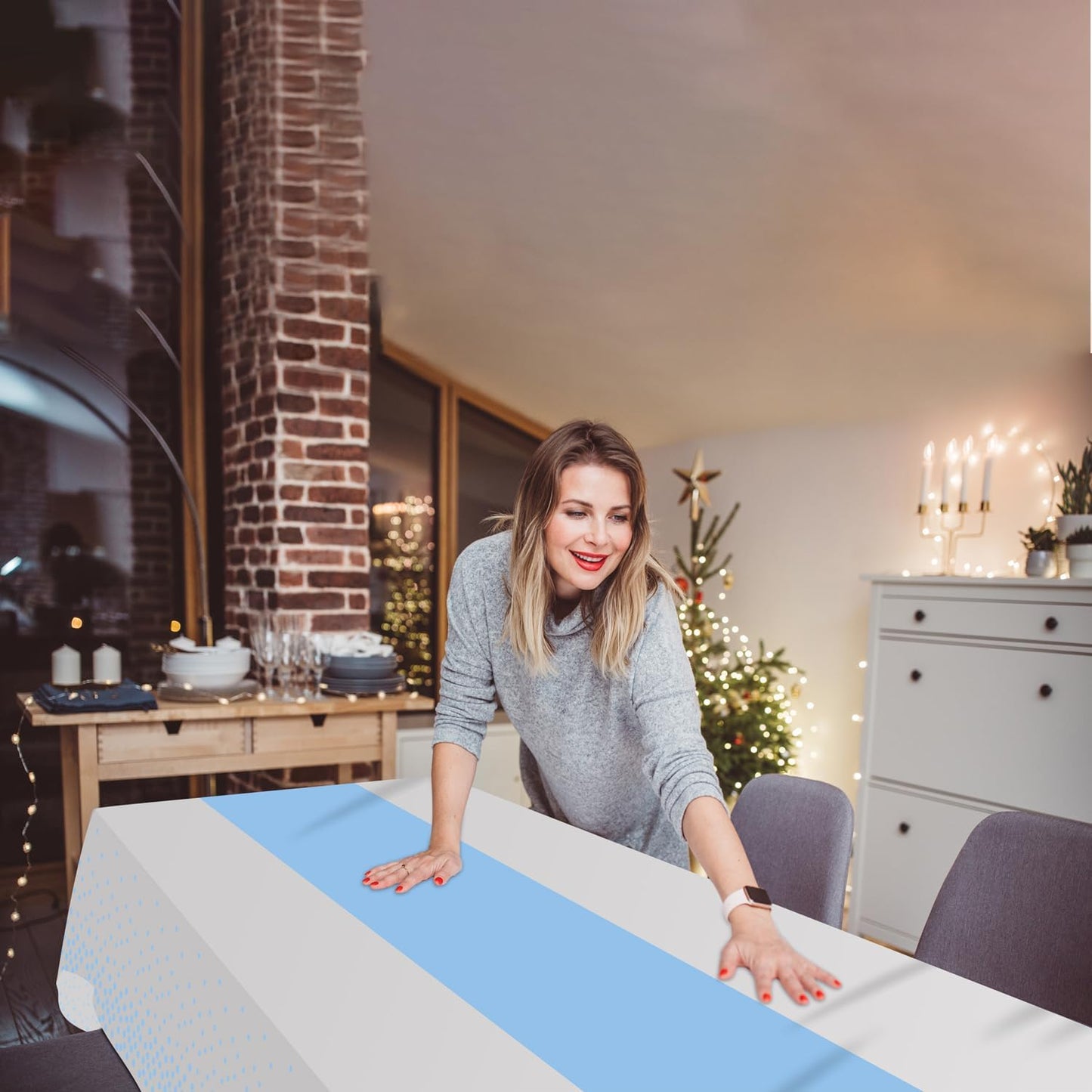 8 Pack 2in1 Disposable Plastic Tablecloths 54" x 108" White and Baby Blue Dot Party Table Cloth Rectangle Table Cover for Wedding Birthday Baby Shower Anniversary Christmas New Year Party Decorations